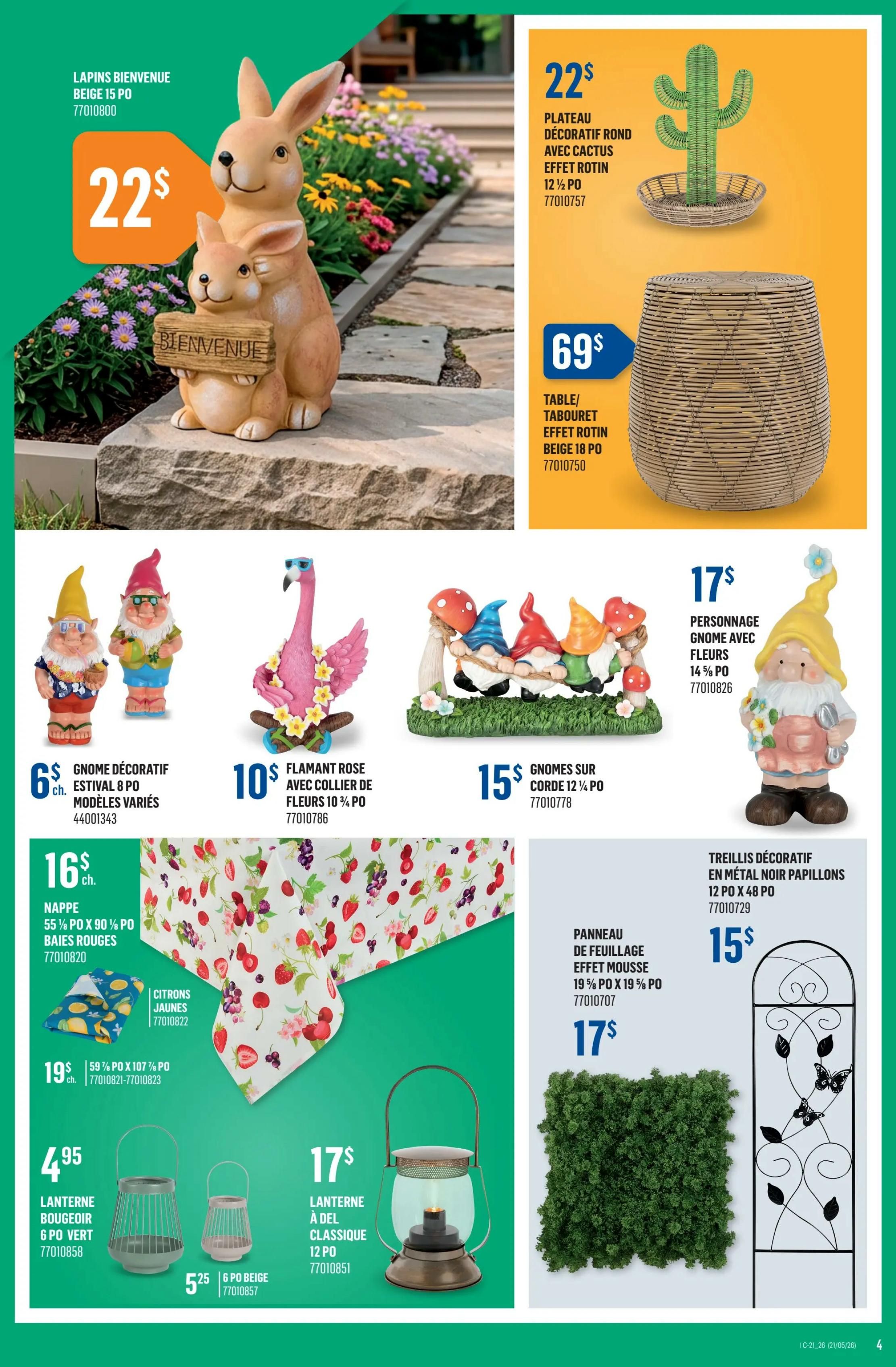 Canac Weekly Flyer Specials Page 4 features various home and garden decor items. A 'Bienvenue' bunny statue is priced at $22. Decorative round plate with cactus effect rattan is $22. A large rattan table/stool is $69. Decorative gnomes are available, with 'Estival' gnomes at $6 each and a row of gnomes on a cord for $15. A pink flamingo with flowers is $10. A gnome with flowers is $17. A 55' x 90' red berry tablecloth is $16. A 59.5' x 107' tablecloth is $19. Lanterns are available in green for $4.95 and beige for $5.25. A classic lantern is $17. A decorative metal trellis with butterflies is $15. A 19.5' x 19.5' moss effect foliage panel is $17.