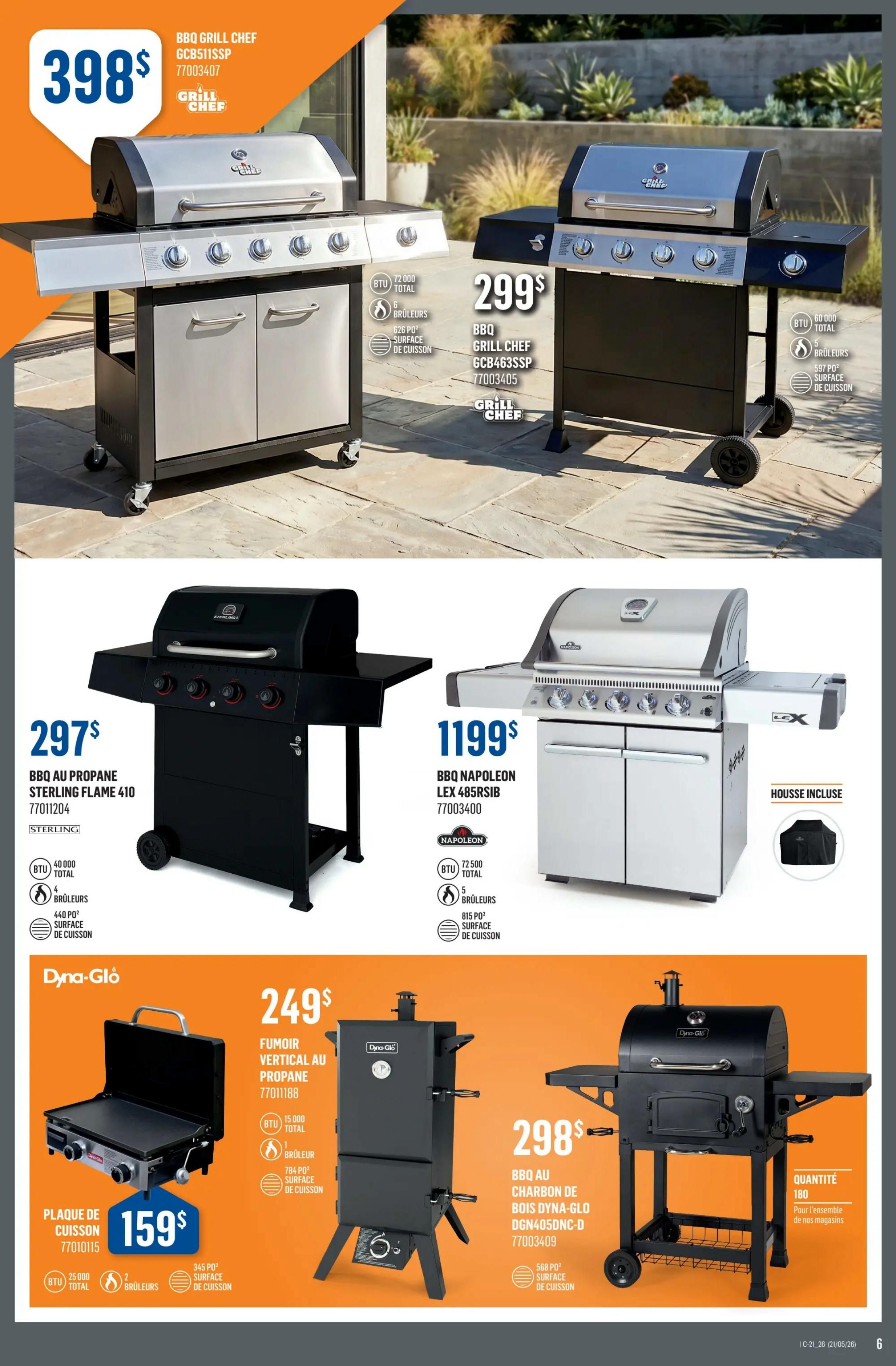 Canac weekly flyer specials page 6 features a selection of barbecues and smokers. Top left, a Grill Chef BBQ is priced at $398 with 72,000 BTU total and 6 burners. Next to it, a Grill Chef BBQ GCB463SSP is $299 with 60,000 BTU total and 5 burners. Below, a Sterling Flame 410 propane BBQ is $297 with 40,000 BTU total and 4 burners, offering 440 sq. ft. of cooking surface. A Napoleon LEX 485RSB BBQ is $1199 with 72,500 BTU total, 5 burners, and 815 sq. ft. of cooking surface, including a cover. In the bottom section, a Dyna-Glo vertical propane smoker is $249 with 15,000 BTU total and 1 burner, featuring 784 sq. ft. of cooking surface. A Dyna-Glo flat top griddle plate is $159 with 25,000 BTU total and 2 burners, offering 345 sq. ft. of cooking surface. Finally, a Dyna-Glo charcoal BBQ DGN4050NC-D is $298 with 568 sq. ft. of cooking surface and a quantity of 180 available for all stores.