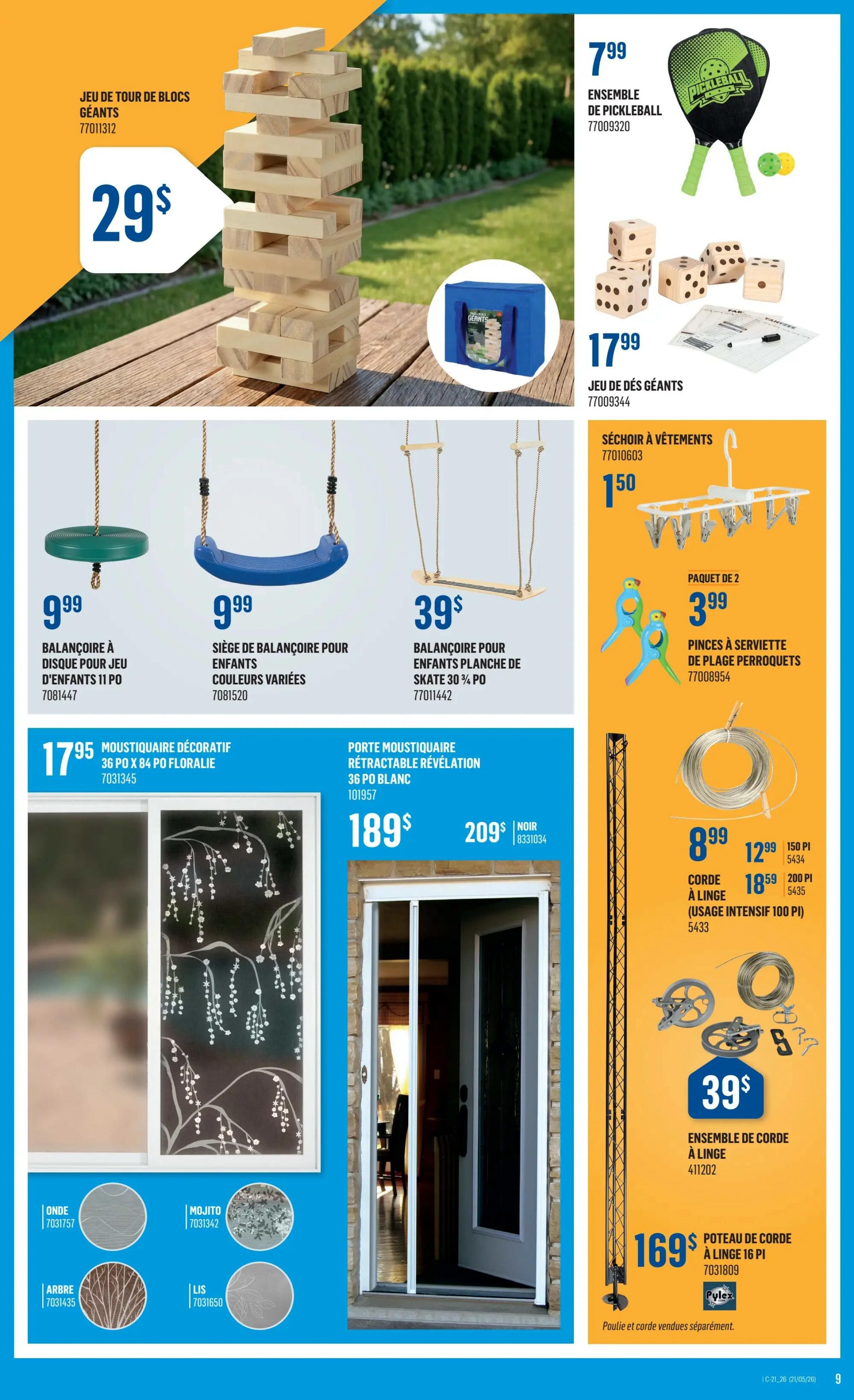Canac Weekly Flyer Specials, Page 9. Featured items include a Giant Jenga Tower game for $29, a Pickleball set for $7.99, and Giant Dice game for $17.99. Also available are a 11-inch Disc Swing for $9.99, a blue children's swing seat for $9.99, and a 30 3/4-inch Skate-style swing board for $39. A decorative 36-inch floral window film is $17.95. A retractable 36-inch white screen door is $189, with a black option for $209. Other items include a clothesline dryer for $1.50, a 2-pack of parrot-shaped napkin holders for $3.99, a 100 ft clothesline for $8.99 (originally $12.99), a 200 ft clothesline for $18.59 (originally $20.99), a clothesline kit for $39, and a 16 ft clothesline pole for $169. Pulley and clothesline sold separately.
