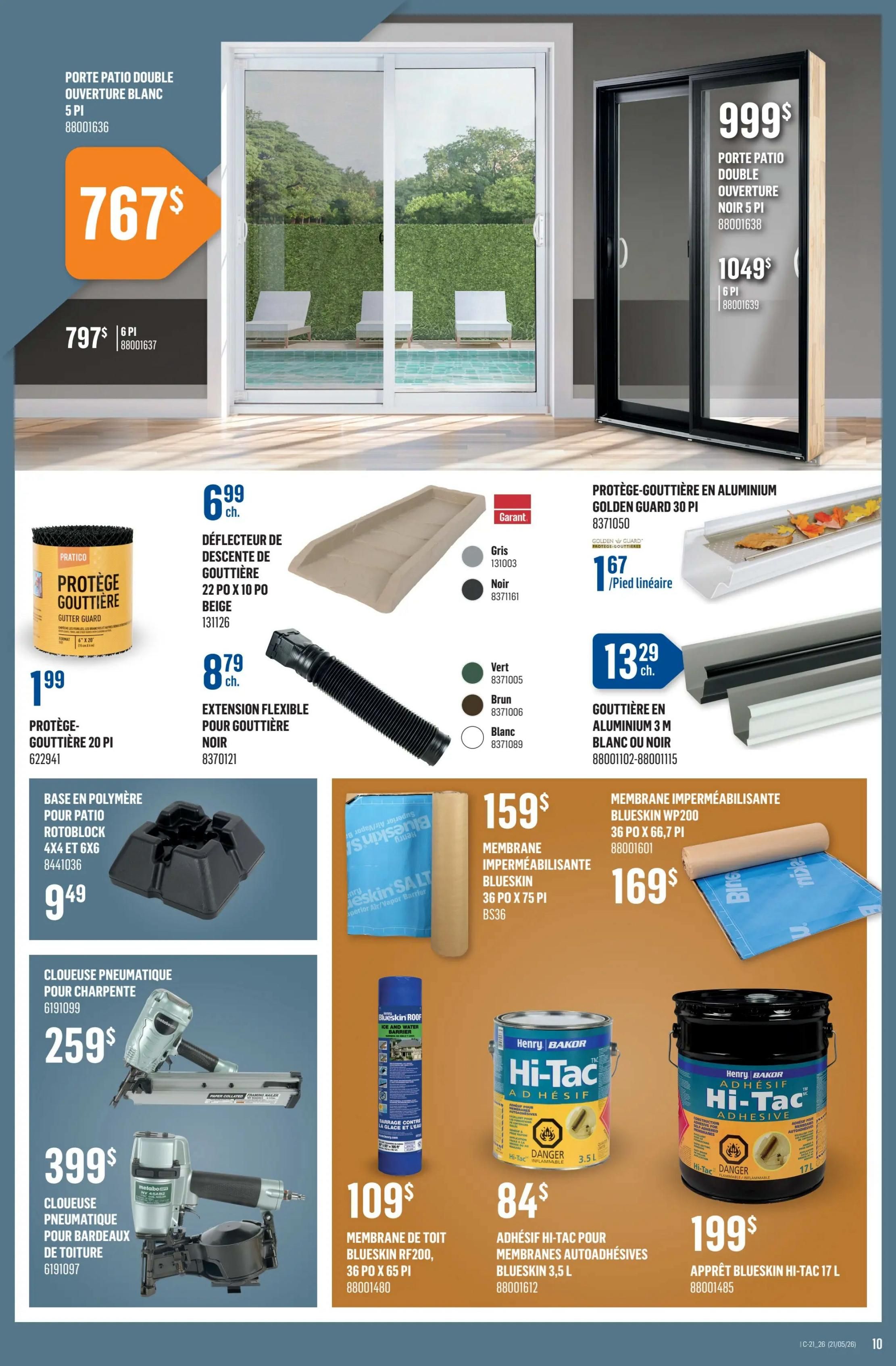 Canac flyer page 10 features a white 5-foot double patio door for $767 and a 6-foot double patio door for $797. Also available is a black 5-foot double patio door for $999 and a 6-foot double patio door for $1049. Gutter protection products include the Pratico Gutter Guard for $1.99, a 22' x 10' Gutter Downspout Deflector for $6.99, and a Flexible Gutter Extension for $8.79. The Golden Guard 30-foot Aluminum Gutter Guard is priced at $1.67 per linear foot, and a 3-meter aluminum gutter is available in black or white for $13.29. For roofing, a Blueskin WP200 36' x 66.7 ft waterproof membrane is $159, and a Blueskin 36' x 75 ft waterproof membrane is $169. Construction tools include a pneumatic framing nailer for $259 and a pneumatic roofing nailer for $399. Adhesives and sealants featured are Henry Bakor Hi-Tac Adhesive for membranes in a 3.5L size for $84 and a 17L pail of Blueskin Hi-Tac Primer for $199. A Blueskin RF200 36' x 65 ft roof membrane is on sale for $109.