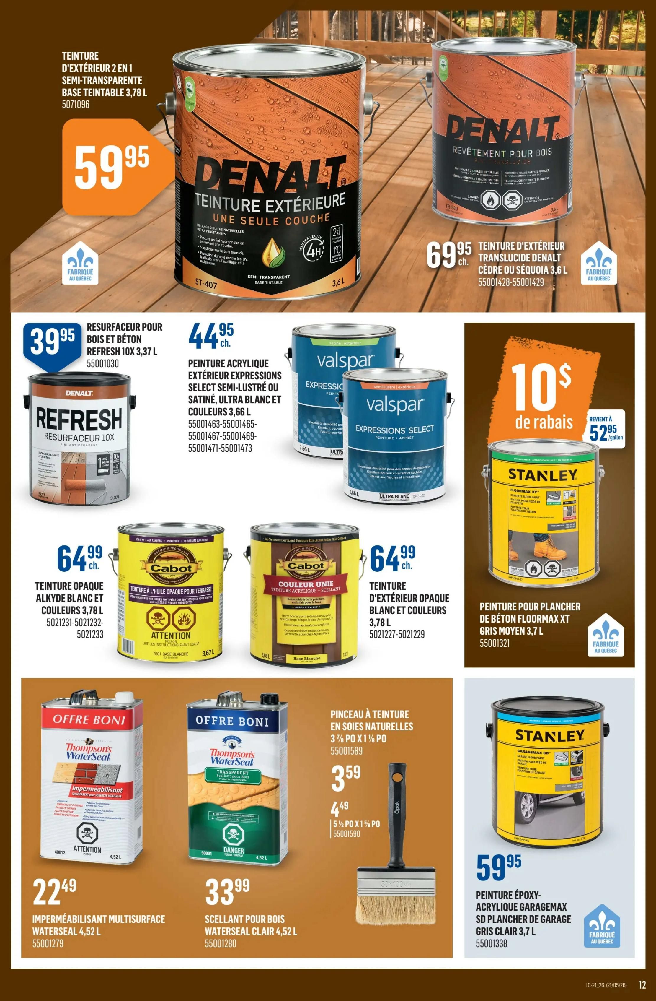 Canac weekly flyer specials page 12 features a variety of paints and sealants. Top left, Denalt exterior semi-transparent tintable base paint, 3.78 L, is $59.95. Next to it, Denalt wood coating, 3.6 L, is $69.95. In the middle, Refresh wood and concrete resurfacer, 3.37 L, is $39.95. Valspar exterior acrylic paint in select semi-lustre or satin, ultra blanc and colours, 3.66 L, is $44.95. Cabot opaque alkyd paint for decks and colours, 3.78 L, is $64.99. Cabot solid colour exterior paint, 3.6 L, is $64.99. Stanley FloorMax XT concrete floor paint in grey, 3.7 L, is $59.95, with a $10 rebate bringing the price down to $52.95 per gallon. Thompson's WaterSeal multi-surface waterproofing, 4.52 L, is $22.49. Thompson's WaterSeal clear wood sealant, 4.52 L, is $33.99. A natural bristle paint brush, 3' x 1' PO, is $3.59, and a 5% PO x 1' PO brush is $4.49.