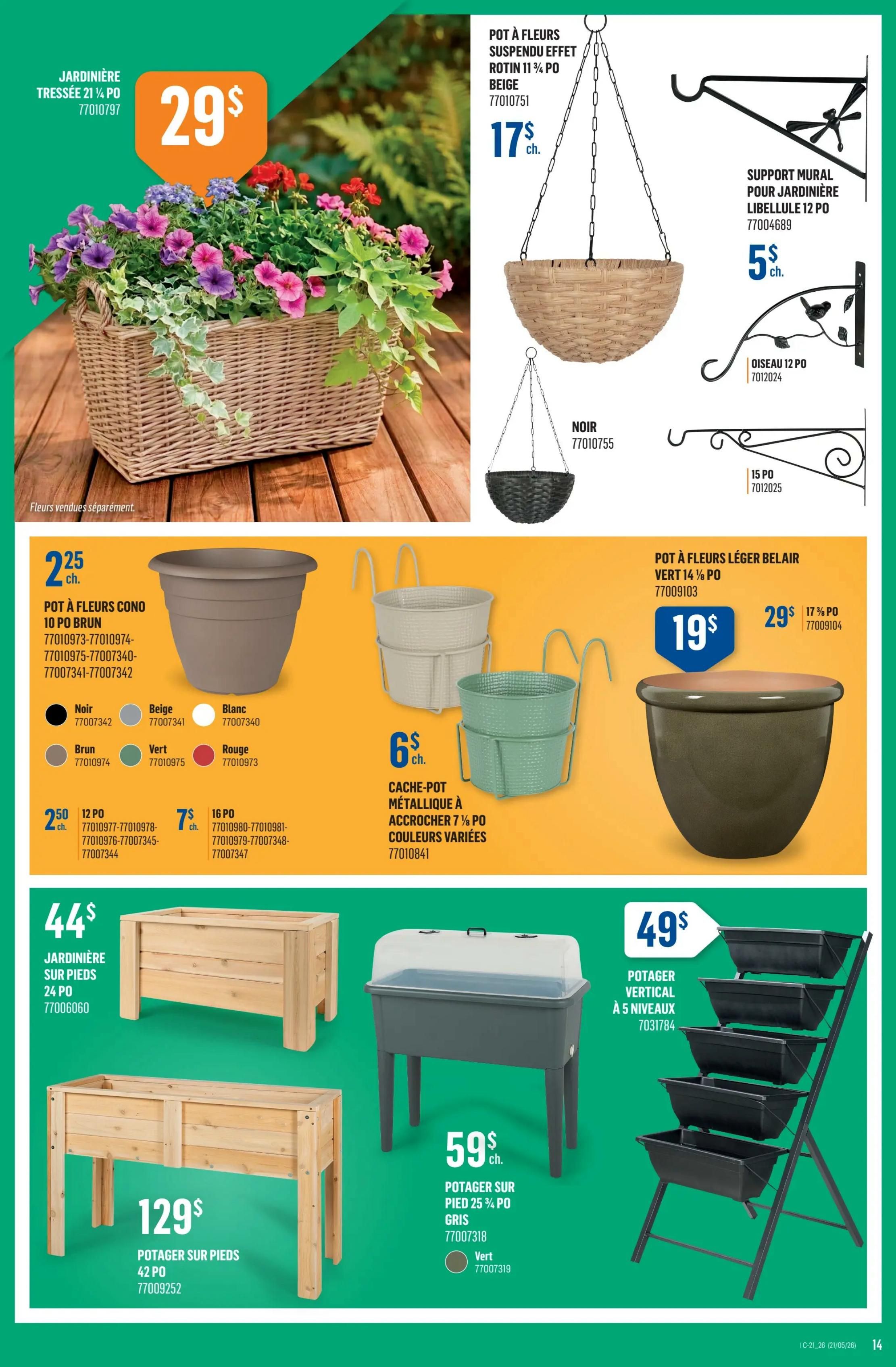 Canac weekly flyer specials page 14 features a woven planter basket for $29. Also available are hanging flower pots, including a rattan-effect hanging pot for $17 and a black hanging pot for $17. Wall-mounted planter supports are shown, with a dragonfly design for $5 and a bird design for $5. Conical flower pots are priced at $2.25 for a 10-inch size, available in black, beige, white, brown, green, and red. Metal cache-pots for hanging are $6 in assorted colours. A lightweight hanging flower pot is $19 for a 14.5-inch size, and another 17-inch pot is $29. For larger garden items, a 24-inch raised garden bed is $44. A 42-inch raised planter on legs is $129. A grey planter with legs is $59 for a 25-inch size, available in grey or green. Finally, a 5-tier vertical planter is $49.