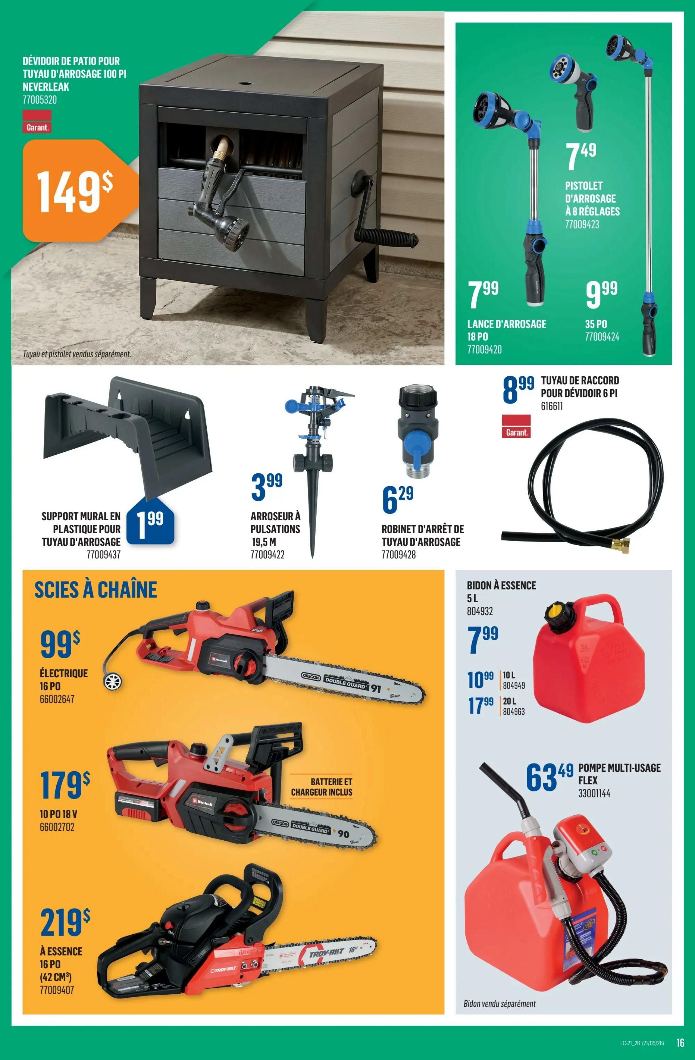 Canac weekly flyer specials page 16 features a large patio hose reel for $149. Also available are a 100 ft. hose and spray nozzle sold separately. Other garden watering items include a 7.49 8-setting spray gun, a 7.99 18 ft. lance sprayer, a 9.99 35 ft. hose, a 3.99 pulse sprinkler, a 6.29 hose shut-off valve, and an 8.99 connector hose for hose reels. Featured chainsaws include an electric 16-inch model for $99, a 10-inch 18V electric model with battery and charger included for $179, and a 16-inch gas-powered Troy-Bilt model for $219. Also on sale are gas cans: a 5 L for $7.99, a 10 L for $10.99, and a 20 L for $17.99. A multi-purpose FLEX pump is available for $63.49.