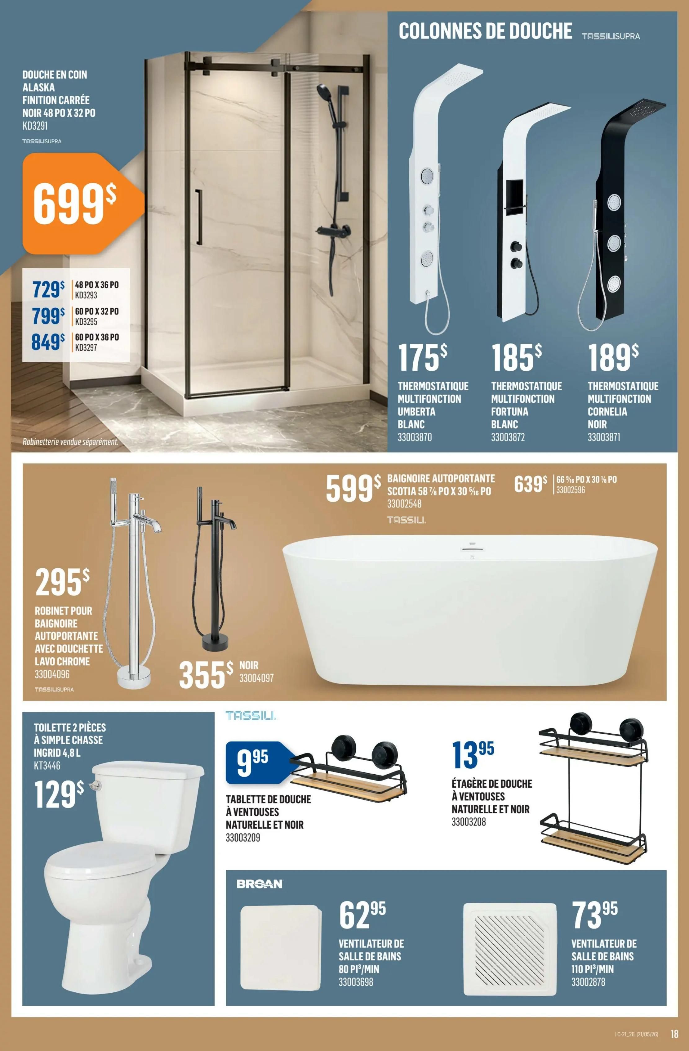 Canac weekly flyer specials page 18 features a Tassilisupra corner shower enclosure in black, 48' x 32', priced at $699, with other sizes available for $729, $799, and $849. Also displayed are Tassilisupra thermostatic multi-function shower columns in white for $175, white/black for $185, and black for $189. A Tassili freestanding bathtub, Scotia model, 58' x 30', is $599, and another bathtub is $639 with a 66% discount. Faucets include a Lavo Chrome freestanding bathtub faucet with hand shower for $295 and a black freestanding faucet for $355. A Tassili 2-piece toilet, Ingrid model, 4.8 L flush, is $129. Accessories include a natural and black suction shower shelf for $9.95 and a natural and black suction shower shelf for $13.95. Broan bathroom exhaust fans are available: an 80 CFM model for $62.95 and a 110 CFM model for $73.95.