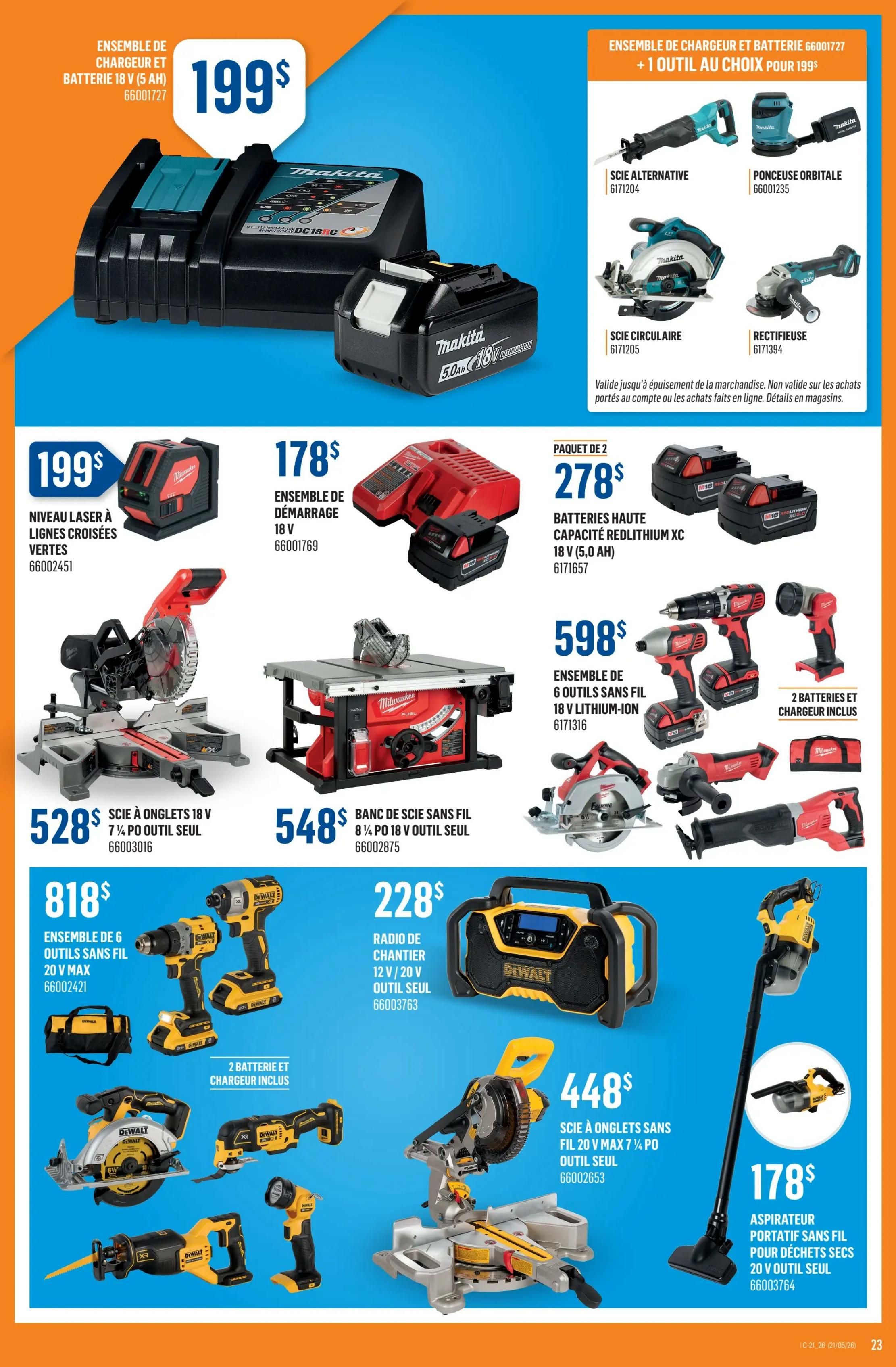 Canac weekly flyer specials page 23 features a variety of power tools. Top left, a Makita charger and 18V (5 Ah) battery combo is $199. To the right, a Makita charger and battery combo for $199 includes a choice of one tool: a reciprocating saw (6171204), an orbital sander (66001235), a circular saw (6171205), or an angle grinder (6171394). Below the first Makita combo, a Milwaukee green cross-line laser level is $199. Next to it, a Milwaukee 18V starter kit with batteries and charger is $178. A Milwaukee 18V Miter Saw is $528. A Milwaukee cordless table saw is $548. A package of 2 M18 REDLITHIUM XC 18V (5.0 Ah) batteries is $278. A Milwaukee 18V Lithium-Ion 6-tool cordless combo kit with 2 batteries and charger is $598. A DeWalt 20V MAX 6-tool cordless combo kit with 2 batteries and charger is $818. A DeWalt 12V/20V jobsite radio is $228. A DeWalt 20V MAX 7 1/4-inch cordless miter saw is $448. Finally, a DeWalt cordless portable wet/dry shop vacuum is $178.