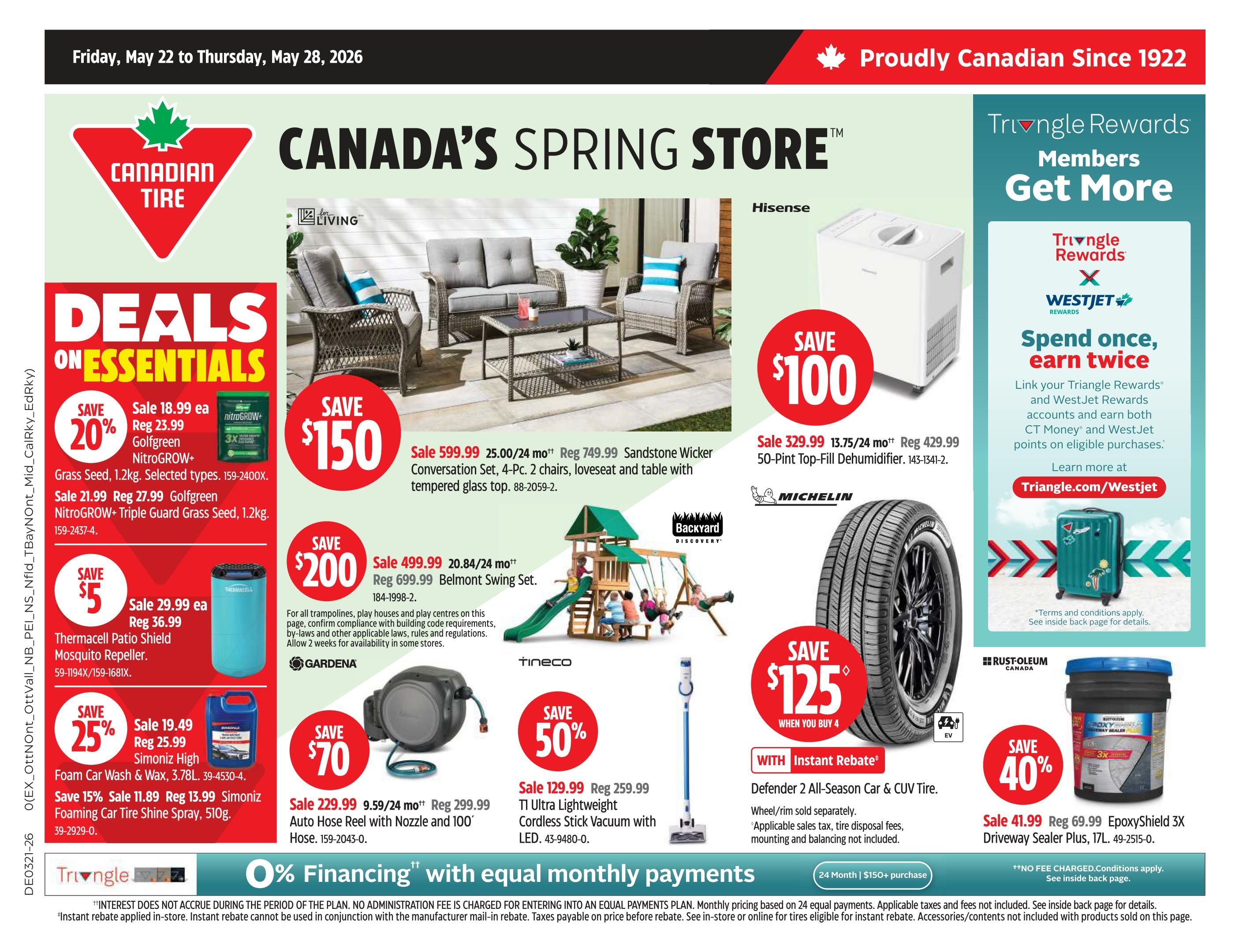 Canadian Tire Ontario flyer page 3, featuring Canada's Spring Store deals. Save 20% on Golfgreen NitroGROW+ Grass Seed, 1.2kg for $18.99 (reg. $23.99) and Golfgreen NitroGROW+ Triple Guard Grass Seed, 1.2kg for $21.99 (reg. $27.99). Save $5 on Thermacell Patio Shield Mosquito Repeller for $29.99 (reg. $36.99). Save 25% on Simoniz High Foam Car Wash & Wax, 3.78L for $11.89 (reg. $13.99) and Simoniz Foaming Car Tire Shine Spray, 510g for $15.99 (reg. $18.99). Get a Sandstone Wicker Conversation Set (4-Pc.) for $599.99 (reg. $749.99). Save $100 on a Hisense 50-Pint Top-Fill Dehumidifier for $329.99 (reg. $429.99). Save $200 on a Belmont Swing Set for $499.99 (reg. $699.99). Save $70 on a Gardena Auto Hose Reel with Nozzle and 100' Hose for $229.99 (reg. $299.99). Save 50% on a Tineco TI Ultra Lightweight Cordless Stick Vacuum with LED for $129.99 (reg. $259.99). Save $125 on Michelin Defender 2 All-Season Car & CUV Tires when you buy 4 (price not specified). Save 40% on Rust-Oleum EpoxyShield 3X Driveway Sealer Plus, 17L for $41.99 (reg. $69.99). Features Triangle Rewards members get more and spend once, earn twice with WestJet Rewards. Also highlights 0% financing with equal monthly payments on purchases of $150+.