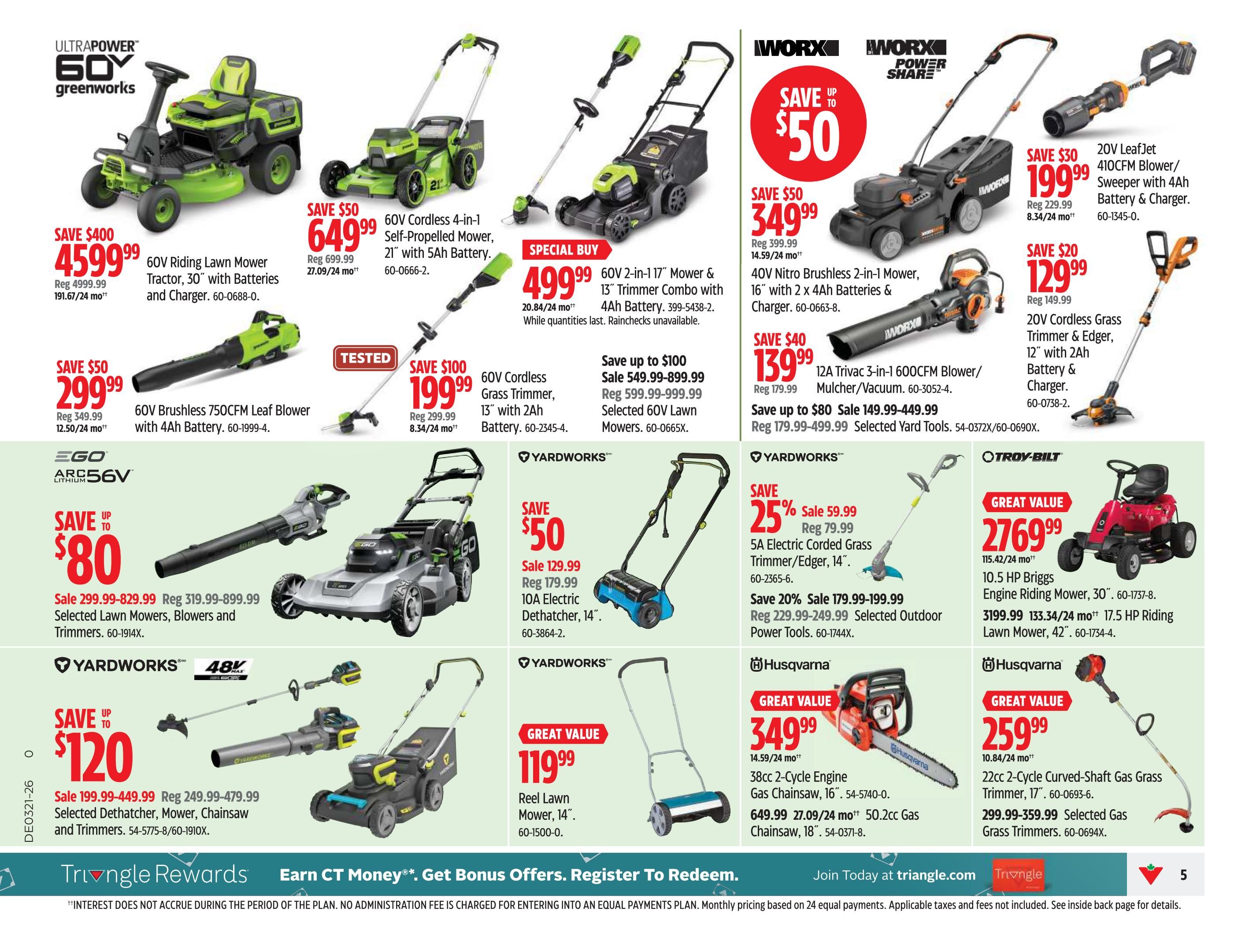 Canadian Tire Ontario flyer page 7 features a wide selection of lawn and garden equipment. Top deals include a 60V Riding Lawn Mower Tractor for $4599.99 (save $400), a 60V Cordless 4-in-1 Self-Propelled Mower for $649.99 (save $50), and a WORX Nitro Brushless 2-in-1 Mower for $349.99 (save $50). Other featured items are a 60V Brushless Leaf Blower for $299.99 (save $50), a 60V Cordless Grass Trimmer for $199.99 (save $100), a WORX 20V LeafJet Sweeper for $199.99 (save $30), and a WORX 12A Trivac Blower/Mulcher/Vacuum for $139.99 (save $40). Also on sale are selected Yardworks lawn mowers for $549.99-$899.99, selected Yardworks dethatchers, mowers, chainsaws and trimmers starting at $199.99-$449.99, and a Yardworks 5A Electric Corded Grass Trimmer/Edger for $59.99 (save 25%). Great value offers include a Troy-Bilt 10.5 HP Briggs Engine Riding Mower for $2769.99 and a 17.5 HP Riding Lawn Mower for $3199.99. Additionally, a Husqvarna 38cc 2-Cycle Engine Gas Chainsaw is available for $349.99, and a Husqvarna 22cc 2-Cycle Curved-Shaft Gas Grass Trimmer is $259.99.