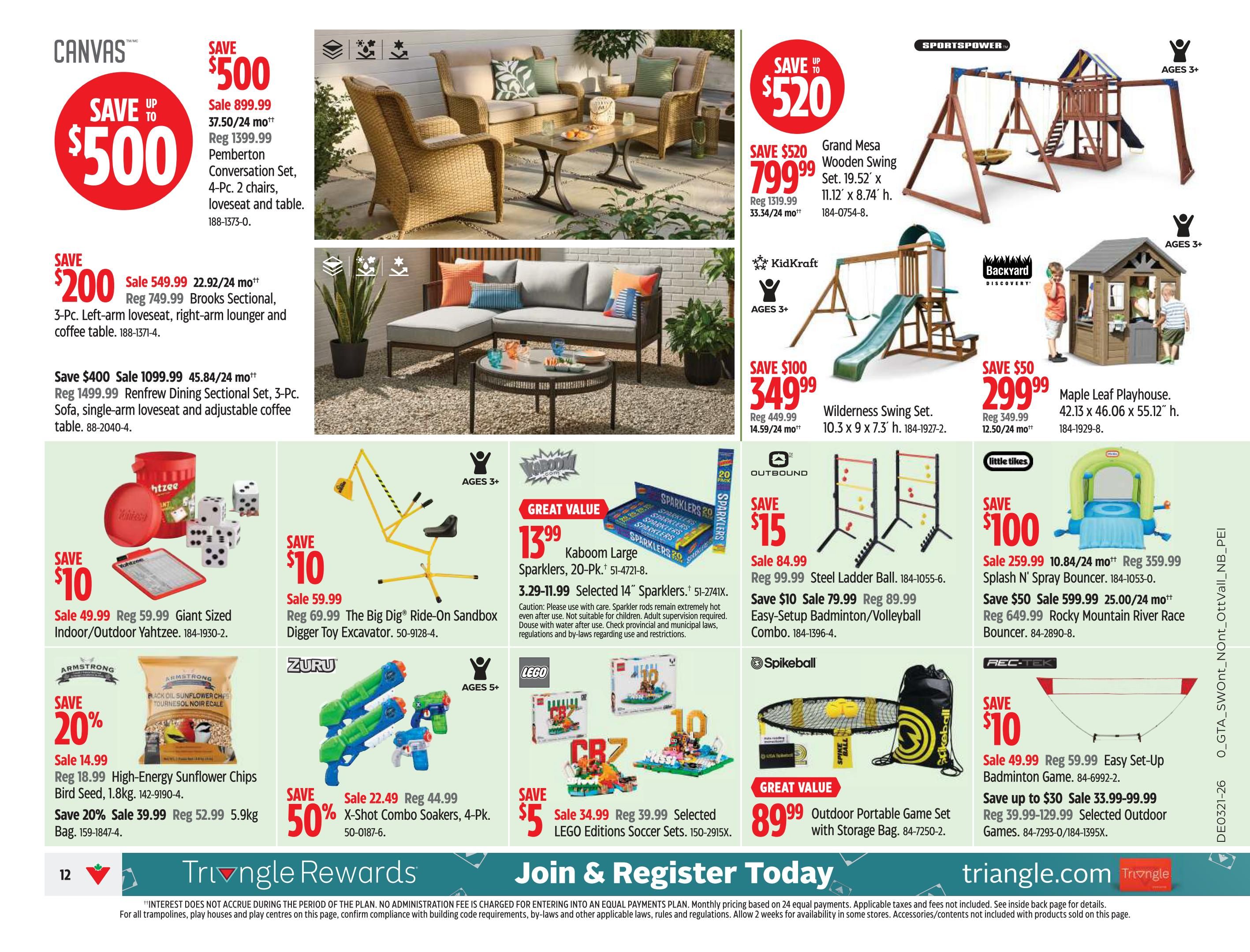 Canadian Tire Ontario flyer page 14 features a variety of outdoor and recreational items. Save up to $500 on the Pemberton Conversation Set, 4-Pc. with loveseat and table, on sale for $899.99. Save $200 on the Brooks Sectional, 3-Pc. with left-arm loveseat, right-arm lounger, and coffee table, on sale for $549.99. The Renfrew Dining Sectional Set, 3-Pc. Sofa, single-arm loveseat and adjustable coffee table is on sale for $1099.99, saving $400. For outdoor fun, save $520 on the Grand Mesa Wooden Swing Set for $799.99. The KidKraft Wilderness Swing Set is on sale for $349.99, saving $100. The Backyard Discovery Maple Leaf Playhouse is $299.99, saving $50. Save $100 on the Little Tikes Splash N' Spray Bouncer for $259.99 and the Rocky Mountain River Race Bouncer for $599.99. Other deals include the Giant Sized Indoor/Outdoor Yahtzee for $49.99, saving $10. The ZURU X-Shot Combo Soakers, 4-Pk. are on sale for $22.49, saving 50%. Armstrong High-Energy Sunflower Chips Bird Seed, 1.8kg, is 20% off at $14.99. The Kaboom Large Sparklers, 20-Pk. are a great value at $13.99. Selected 14' Sparklers are $3.29-$11.99. The Outbound Steel Ladder Ball is on sale for $84.99, saving $15. The Easy-Setup Badminton/Volleyball Combo is $79.99, saving $10. The REC-TEK Easy-Setup Badminton Game is $49.99, saving $10. Selected Outdoor Games are on sale from $33.99-$99.99. The LEGO Editions Soccer Sets are on sale for $34.99, saving $5. The Spikeball Outdoor Portable Game Set with Storage Bag is $89.99.