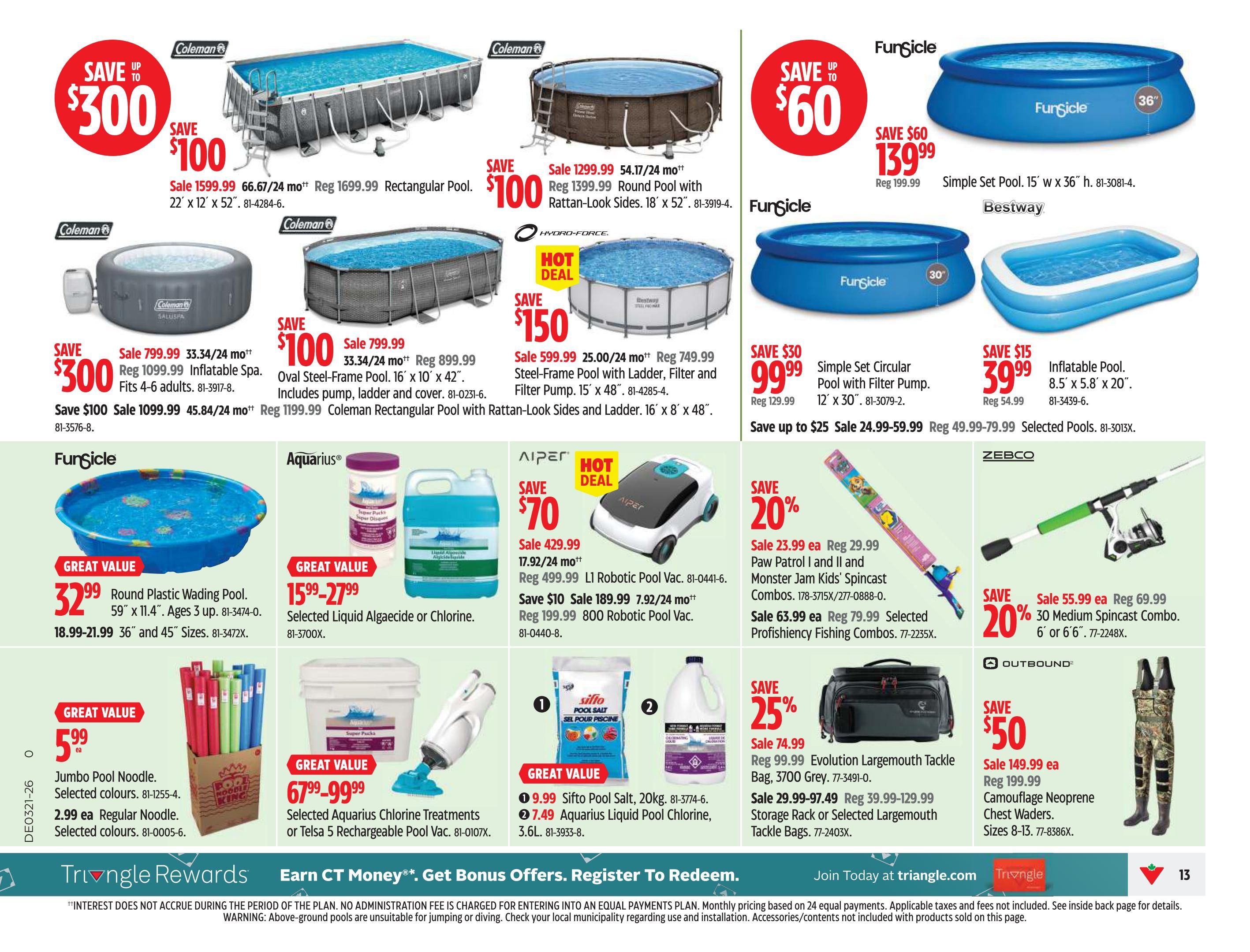 Canadian Tire Ontario flyer page 15 features a variety of summer and outdoor items. Highlighted are several swimming pools including a Coleman Rectangular Pool on sale for $100 off, originally $1699.99, now $1599.99. A Coleman Inflatable Spa is on sale for $300 off, originally $1099.99, now $799.99. A FunSicle Simple Set Pool is on sale for $60 off, originally $199.99, now $139.99. Other pools include a Bestway Steel-Frame Pool on sale for $150 off, originally $749.99, now $599.99, and a FunSicle Simple Set Circular Pool with filter pump on sale for $30 off, originally $129.99, now $99.99. Also featured are a Round Plastic Wading Pool for $32.99, and Jumbo Pool Noodles for $5.99 each. Pool maintenance items include Selected Liquid Algaecide or Chlorine on sale for $1599-2799, Sifto Pool Salt for $9.99, and Aquarius Liquid Pool Chlorine for $7.49. For pool cleaning, an Aiper LI Robotic Pool Vac is on sale for $70 off, originally $499.99, now $429.99, and an Aiper 800 Robotic Pool Vac is on sale for $10 off, originally $199.99, now $189.99. Fishing gear includes a Zebco 30 Medium Spincast Combo on sale for 20% off, originally $69.99, now $55.99. Also available are Paw Patrol I and II and Monster Jam Kids' Spincast Combos on sale for $63.99 each, originally $79.99. Outdoor apparel includes Camouflage Neoprene Chest Waders for $50 off, originally $199.99, now $149.99. Other items include an Evolution Largemouth Tackle Bag and selected storage racks or tackle bags.
