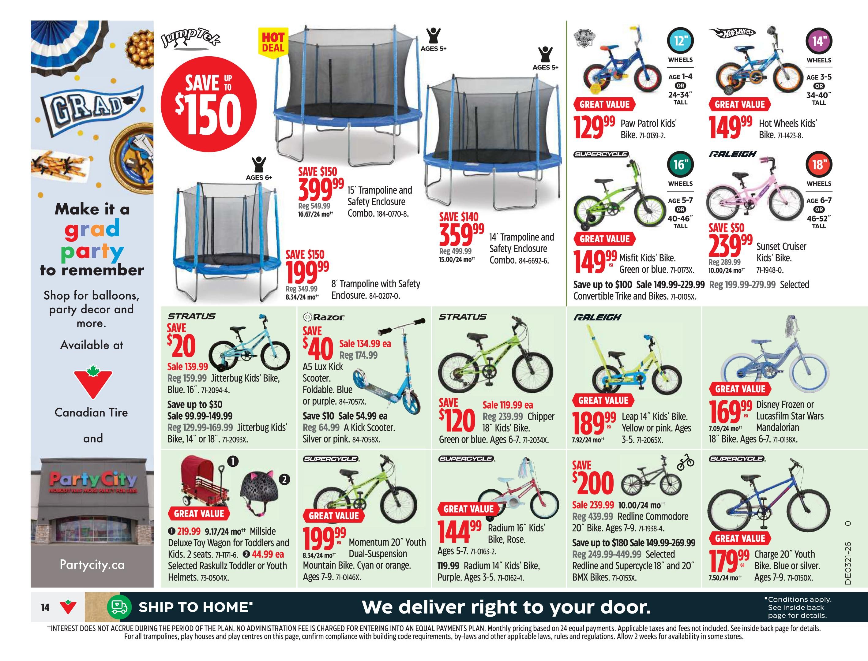 Canadian Tire Ontario flyer page 16 features graduation party supplies and outdoor recreation items. Highlighted are JumpTek trampolines with savings up to $150, including a 15' Trampoline and Safety Enclosure Combo for $399.99 and an 8' Trampoline with Safety Enclosure for $199.99. Also featured are various bikes and scooters: Paw Patrol Bikes for $129.99, Hot Wheels Bikes for $149.99, Misfit Kids' Bikes for $149.99, and a Leap 14' Kids' Bike for $189.99. Other bikes include a Raleigh Chipper 18' Kids' Bike for $119.99, a Raleigh Redline Commodore 20' Bike for $239.99, and a Supercycle 18' or 20' BMX Bike for $149.99-$269.99. For younger riders, there's a Momentum 20' Youth Dual-Suspension Mountain Bike for $199.99, a Radium 16' Kids' Bike for $144.99, and a Radium 14' Kids' Bike for $119.99. Additionally, Disney Frozen or Star Wars Mandalorian 18' Bikes are available for $169.99, and a Charge 20' Youth Bike for $179.99. Razor scooters are on sale, with the A5 Lux Kick Scooter for $134.99 and A Kick Scooter for $54.99. Outdoor play items include a Millside Deluxe Toy Wagon for $219.99 and Skulllz Toddler or Youth Helmets for $44.99. The page also promotes making it a grad party to remember with balloons, party decor, and more, available at Canadian Tire and Party City.