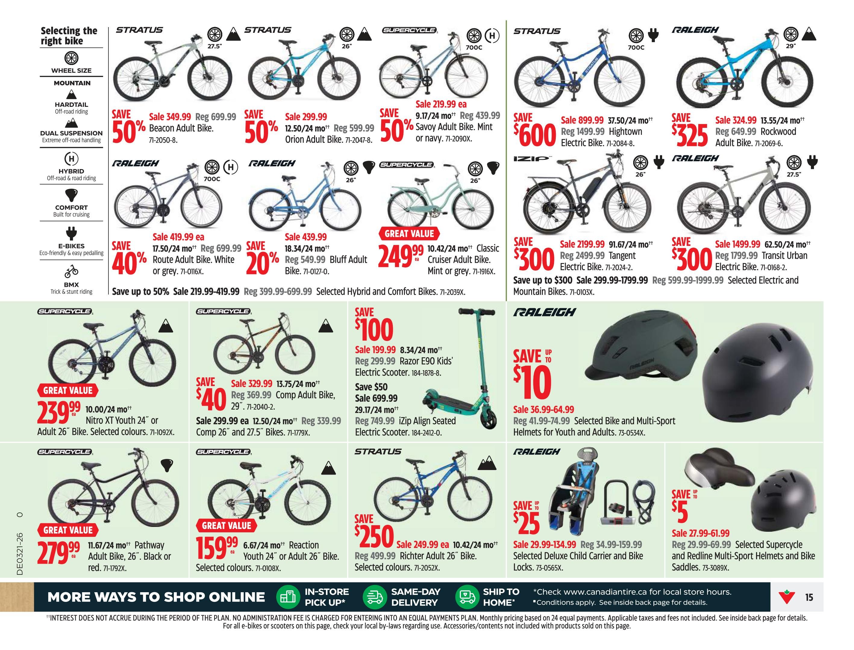 Canadian Tire flyer page featuring a selection of bikes and accessories. Deals include the Stratus Beacon Adult Bike on sale for $349.99 (50% off), the Stratus Orion Adult Bike for $299.99 (50% off), and the Raleigh Rockwood Adult Bike for $325. Save 40% on the Raleigh Route Adult Bike, now $419.99. Also featured are the Supercycle Classic Cruiser Bike for $249.99, the Raleigh Tangent Electric Bike for $300, and the Raleigh Transit Urban Electric Bike for $300. Other bikes on sale include the Supercycle Nitro XT Youth 24' or Adult 26' Bike for $239.99, the Supercycle Comp Adult Bike for $329.99, and the Supercycle Pathway Adult 26' Bike for $279.99. The Supercycle Reaction Youth 24' or Adult 26' Bike is $159.99. Accessories include the Razor E90 Kids' Electric Scooter for $199.99, the iZip Align Seated Electric Scooter for $699.99, and Raleigh Bike and Multi-Sport Helmets starting at $36.99. Save up to $25 on Selected Deluxe Child Carrier and Bike Locks. Also available are Supercycle and Redline Multi-Sport Helmets and Bike Saddles starting at $27.99.