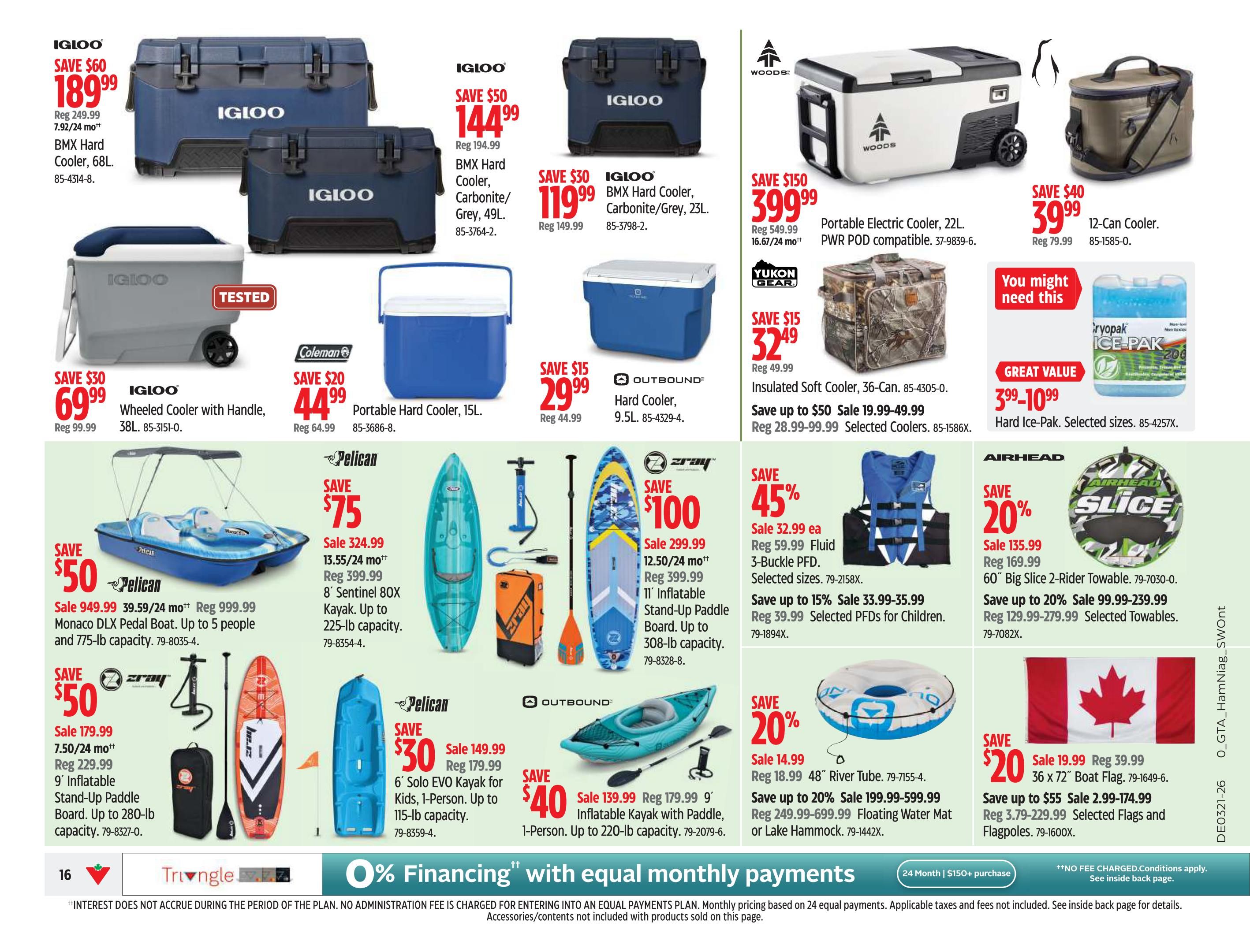 Canadian Tire Ontario flyer page 18 features a variety of outdoor and recreational items. Top row includes Igloo BMX Hard Coolers in 68L for $189.99 (save $60), 49L for $144.99 (save $50), and 23L for $119.99 (save $30). Also featured is a Coleman Portable Hard Cooler, 15L, for $44.99 (save $20). Woods Portable Electric Cooler, 22L, is $399.99 (save $150). Yukon Gear Insulated Soft Cooler, 36-Can, is $32.49 (save $15), with selected coolers on sale up to $50 off. A 12-Can Cooler is $39.99 (save $40). Middle row showcases a tested Igloo Wheeled Cooler with Handle, 38L, for $69.99 (save $30). Pelican Monaco DLX Pedal Boat is on sale for $949.99 (save $50), with regular price $999.99, suitable for up to 5 people and 775-lb capacity. A Pelican 8' Sentinel 8X Kayak is $324.99 (save $75), with regular price $399.99, and up to 225-lb capacity. Zray 11' Inflatable Stand-Up Paddle Board is $299.99 (save $100), with regular price $399.99, up to 308-lb capacity. Zray 9' Inflatable Stand-Up Paddle Board is $179.99 (save $50), with regular price $229.99, up to 280-lb capacity. Also on this row are selected PFDs for children, with savings up to 15% off, and a 60' Big Slice 2-Rider Towable for $135.99 (save 20%), with selected towables on sale up to 20% off. Bottom row features a Pelican 6' Solo EVO Kayak for Kids for $149.99 (save $30), with regular price $179.99, and 115-lb capacity. An Outbound 9' Inflatable Kayak with Paddle is $139.99 (save $40), with regular price $179.99, for 1-person up to 220-lb capacity. A 48' River Tube is $19.99 (save 20%), with selected floating water mats and lake hammocks on sale. A 36 x 72' Boat Flag is $19.99 (save $20), with selected flags and flagpoles on sale up to $55 off. Also available is a Hard Ice-Pak for $3.99-$10.99. The page also highlights 0% financing with equal monthly payments on purchases of $150+.