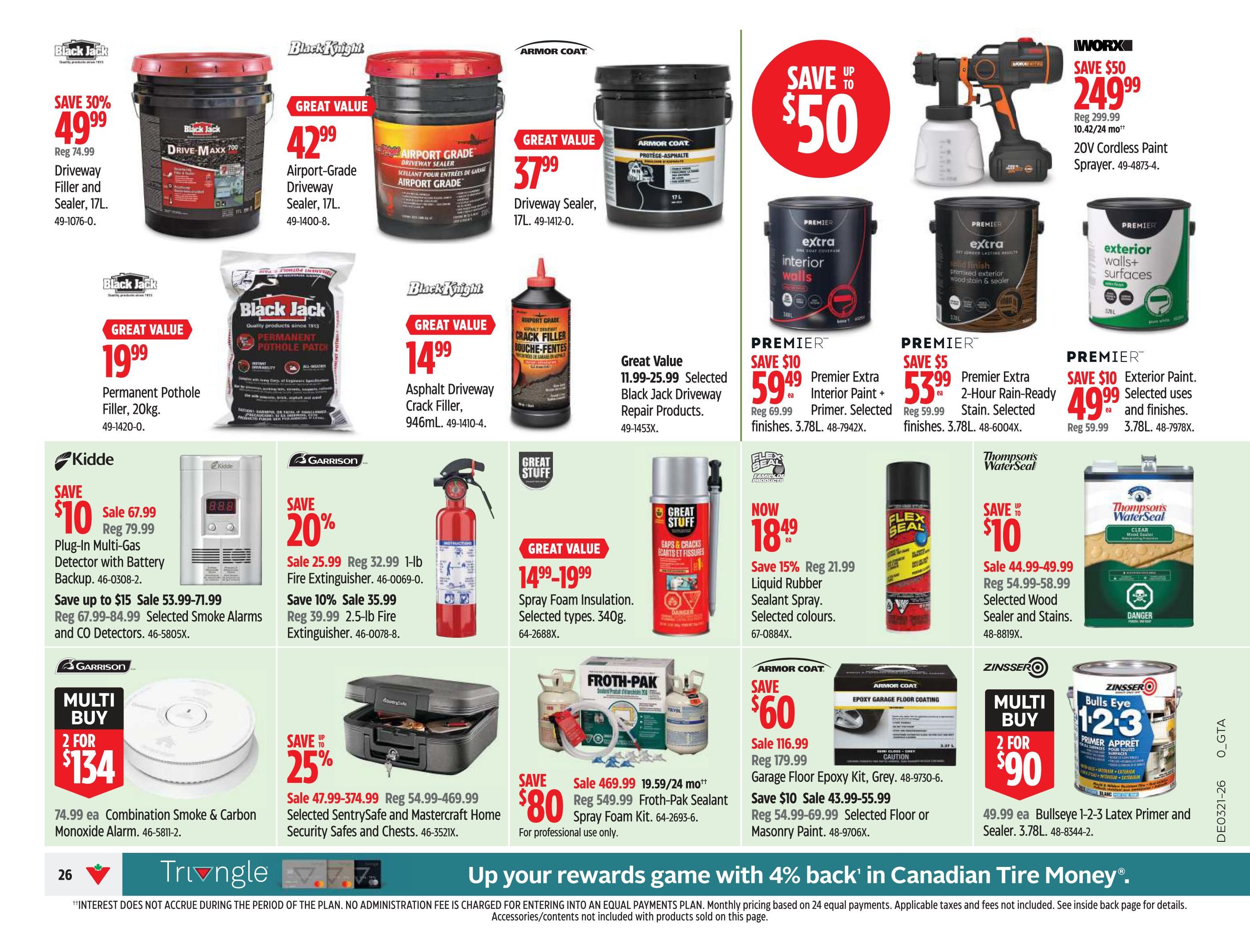 Canadian Tire Ontario flyer page 28 features a variety of home improvement and maintenance products. Deals include Black Jack Driveway Filler and Sealer, 17L, on sale for $49.99 (save 30%, reg. $74.99). Black Knight Airport-Grade Driveway Sealer, 17L, is $42.99. Armor Coat Driveway Sealer, 17L, is $37.99. Black Jack Permanent Pothole Filler, 20kg, is $19.99. Black Knight Asphalt Driveway Crack Filler, 946mL, is $14.99. Premier Extra Interior Paint + Primer, 3.78L, is $59.49 (save $10, reg. $69.99). Premier Extra 2-Hour Rain-Ready Stain, 3.78L, is $53.99 (save $5, reg. $59.99). Premier Exterior Paint, 3.78L, is $49.99 (save $10, reg. $59.99). Worx 20V Cordless Paint Sprayer is on sale for $249.99 (save $50, reg. $299.99). Great Stuff Spray Foam Insulation, 340g, is $14.99-$19.99. Flex Seal Liquid Rubber Sealant Spray is $18.49 (save 15%, reg. $21.99). Thompson's WaterSeal Selected Wood Sealer and Stains are on sale for $44.99-$49.99 (save up to $10, reg. $54.99-$58.99). Garrison 1lb Fire Extinguisher is $25.99 (save 20%, reg. $32.99). Garrison 2.5lb Fire Extinguisher is $35.99 (save 10%, reg. $39.99). Kidde Plug-In Multi-Gas Detector with Battery Backup is $67.99 (save $10, reg. $79.99). Selected Kidde Smoke Alarms and CO Detectors are $53.99-$71.99 (save up to $15, reg. $67.99-$84.99). Garrison Combination Smoke & Carbon Monoxide Alarms are 2 for $134 ($74.99 each). Armor Coat Garage Floor Epoxy Kit, Grey, is $49.99 (save $10, reg. $54.99-$69.99). Froth-Pak Sealant Spray Foam Kit is $19.59-$469.99 (save $80). Zinsser Bulls Eye 1-2-3 Latex Primer and Sealer, 3.78L, is 2 for $90 ($49.99 each).