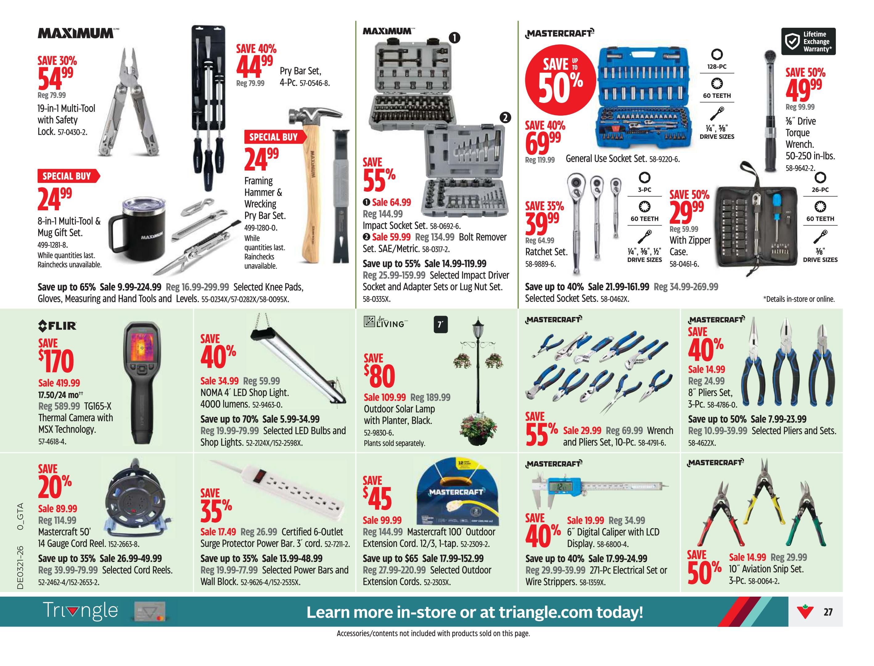 Canadian Tire Ontario flyer page 29 features a variety of tools and home goods. Top row includes a MAXIMUM 19-in-1 Multi-Tool with Safety Lock on sale for $54.99 (save 30%), a MAXIMUM 8-in-1 Multi-Tool & Mug Gift Set for a special buy of $24.99, a Pry Bar Set, 4-Pc. for $44.99 (save 40%), a Framing Hammer & Wrecking Pry Bar Set for a special buy of $24.99, a MASTER செயல்திட்டம் General Use Socket Set, 128-Pc. for $69.99 (save 40%), and a MASTER செயல்திட்டம் 3/8' Drive Torque Wrench, 50-250 in-lbs. for $49.99 (save 50%). Also featured are a MASTER செயல்திட்டம் Impact Socket Set, Sale $64.99, and a MASTER செயல்திட்டம் Bolt Remover Set for Sale $59.99. Savings up to 65% on Selected Knee Pads, Gloves, Measuring and Hand Tools and Levels. Middle row showcases a FLIR TG165-X Thermal Camera with MSX Technology on sale for $170 (save $170), a NOMA 4' LED Shop Light for $34.99 (save 40%), and an Outdoor Solar Lamp with Planter, Black for $109.99 (save $80). Savings up to 70% on Selected LED Bulbs and Shop Lights. Bottom row includes a Mastercraft 50' 14 Gauge Cord Reel on sale for $89.99 (save 20%), a 6-Outlet Surge Protector Power Bar, 3' cord for $17.49 (save 35%), a Mastercraft 100' Outdoor Extension Cord, 1/3, 1-tap for $99.99 (save $45), and a 271-Pc. Electrical Set or Wire Strippers on sale for $19.99 (save up to 40%). Additional savings up to 50% on Selected Pliers and Sets, and 10' Aviation Snip Set, 3-Pc. for $14.99.