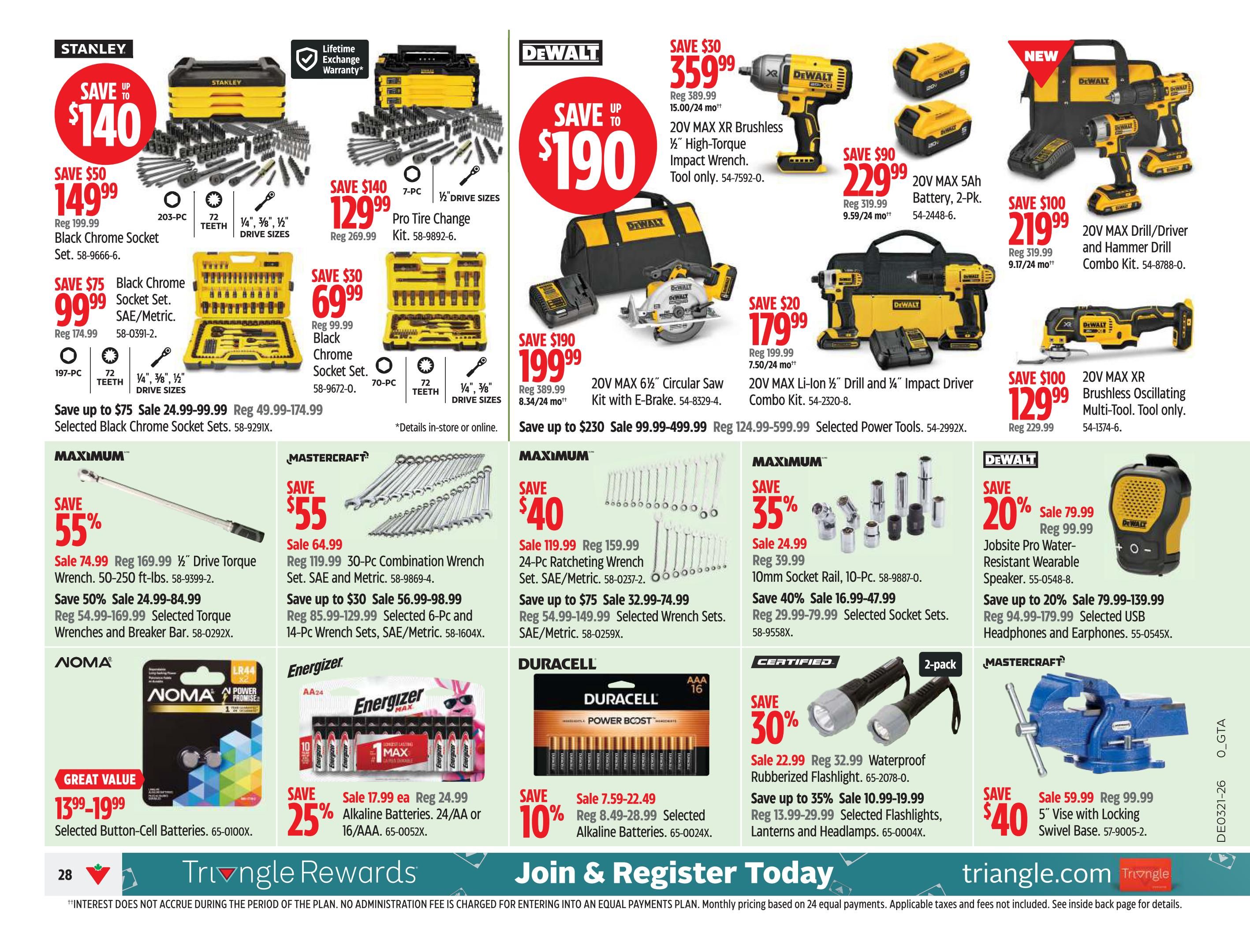 Canadian Tire Ontario flyer page 30 features a wide selection of tools and accessories. Save up to $140 on Stanley 203-PC Black Chrome Socket Set for $149.99, and save up to $75 on a 197-PC Black Chrome Socket Set SAE/Metric for $99.99. Also featured is a 7-PC Pro Tire Change Kit for $129.99 (save $140) and a 70-PC Black Chrome Socket Set for $69.99 (save $30). DeWalt offers savings up to $190 on a 20V MAX 6.5' Circular Saw Kit with E-Brake for $199.99. Save $30 on a 20V MAX XR Brushless 1/2' High-Torque Impact Wrench for $359.99. Get a 20V MAX Li-Ion 1/2' Drill and 1/4' Impact Driver Combo Kit for $179.99 (save $20). A 2-pack of 20V MAX 5Ah Batteries is on sale for $229.99 (save $90). The 20V MAX Drill/Driver and Hammer Drill Combo Kit is $219.99 (save $100). Save $100 on a 20V MAX XR Brushless Oscillating Multi-Tool for $129.99. Maximum brand tools include a 1/2' Drive Torque Wrench on sale for $74.99 (save 55%) and a 24-Pc Ratcheting Wrench Set for $119.99 (save $40). Also available are 10mm Socket Rail for $24.99 (save 35%) and selected wrench sets. Mastercraft offers a 30-Pc Combination Wrench Set for $64.99 (save $55) and selected 6-Pc and 14-Pc Wrench Sets. Certified products include a Waterproof Rubberized Flashlight for $22.99 (save 30%) and selected lanterns and headlamps. Duracell offers 16-AAA Alkaline Batteries for $7.59-$22.49 (save 10%). Energizer offers 24-AA or 16/AAA Alkaline Batteries for $17.99 (save 25%). Noma offers selected Button-Cell Batteries for $13.99-$19.99. Mastercraft also has a 5' Vice with Locking Swivel Base for $59.99 (save $40). Additional savings are available on selected power tools and USB headphones and earphones.