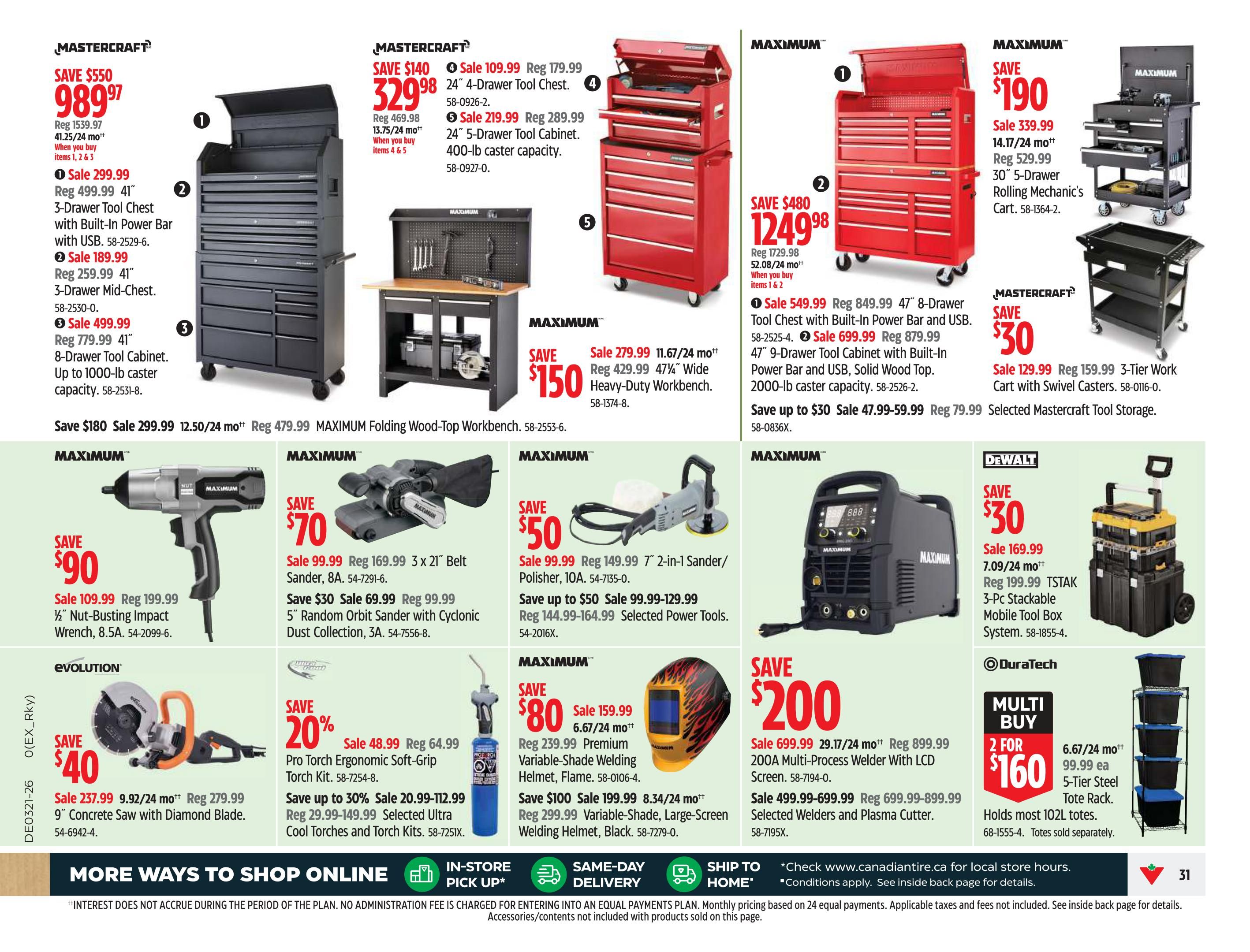 Canadian Tire Ontario flyer, page 33, features Mastercraft 41' 3-drawer tool chest with built-in power bar and USB on sale for $299.99, a 41' 3-drawer mid-chest for $189.99, and an 8-drawer tool cabinet with 1000-lb capacity for $499.99. Also on sale is a Maximum 47 1/4' wide heavy-duty workbench for $279.99. Tool storage includes a Maximum 30' 5-drawer rolling mechanic's cart for $339.99 and a Mastercraft 3-tier work cart with swivel casters for $129.99. Power tools on sale include a 1/2' nut-busting impact wrench for $109.99, a 3 x 21' belt sander for $99.99, and a 5' random orbit sander with cyclonic dust collection for $69.99. An Evolution 9' concrete saw with diamond blade is $237.99. Welding equipment includes a Maximum 200A multi-process welder with LCD screen for $699.99, a premium variable-shade welding helmet for $159.99, and a variable-shade, large-screen welding helmet for $199.99. Also featured is a 20% discount on Pro Torch ergonomic soft-grip torch kits, and up to 30% off selected ultra cool torches and torch kits. A DeWalt TSTAK 3-piece stackable mobile tool box system is on sale for $169.99. Multi-buy offer: 2 for $160 on 5-tier steel tote racks that hold most 102L totes.