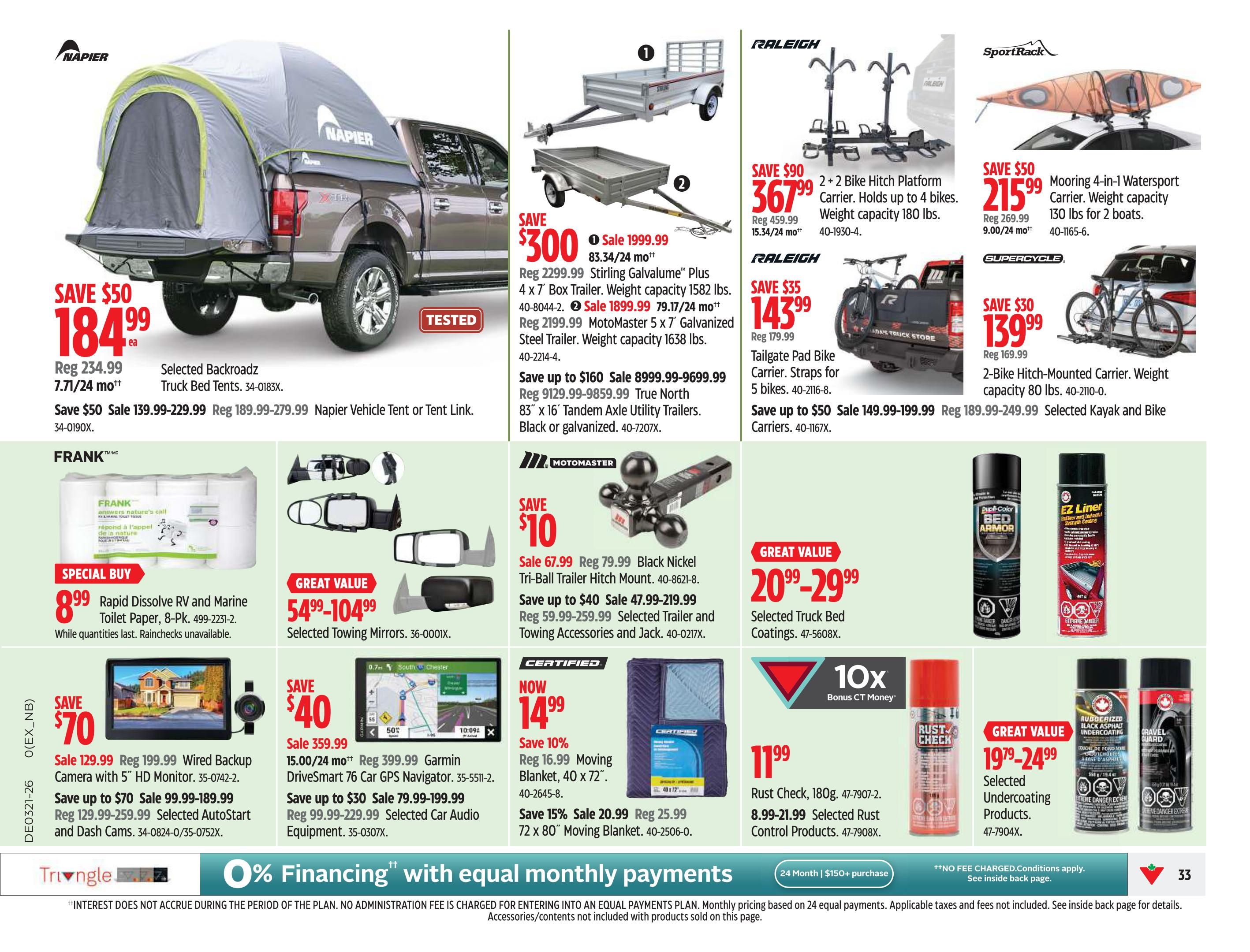 Canadian Tire Ontario flyer page 35 features a variety of automotive and outdoor equipment. Highlighted items include a Napier Truck Bed Tent on sale for $139.99-$229.99 (regular $189.99-$279.99), saving up to $50. Also featured are Raleigh 2+2 Bike Hitch Platform Carriers for $367.99 (regular $459.99), saving $90, and SportRack Mooring 4-in-1 Watersport Carriers for $215.99 (regular $269.99), saving $50. Raleigh Tailgate Pad Bike Carriers are on sale for $143.99 (regular $179.99), saving $35. Supercycle 2-Bike Hitch-Mounted Carriers are $139.99 (regular $169.99), saving $30. Stirling Galvalume Plus 4 x 7' Box Trailers are on sale for $1999.99 (regular $2299.99), saving $300, and MotoMaster 5 x 7' Galvanized Steel Trailers are $1899.99 (regular $2199.99), saving $300. True North 83' x 16' Tandem Axle Utility Trailers are on sale for $8999.99-$9699.99 (regular $9129.99-$9859.99), saving up to $160. Motomaster Black Nickel Tri-Ball Trailer Hitch Mount is $67.99 (regular $79.99), saving $10. Selected Trailer and Towing Accessories and Jacks are on sale for $47.99-$219.99 (regular $59.99-$259.99), saving up to $40. Frank Rapid Dissolve RV and Marine Toilet Paper (8-Pk.) is a special buy at $8.99. Selected Towing Mirrors are $54.99-$104.99. Wired Backup Camera with 5' HD Monitor is $129.99 (regular $199.99), saving $70. Selected AutoStart and Dash Cams are on sale for $99.99-$189.99 (regular $129.99-$259.99), saving up to $70. Garmin DriveSmart 76 Car GPS Navigator is $359.99 (regular $399.99), saving $40. Selected Car Audio Equipment is on sale for $79.99-$199.99 (regular $99.99-$229.99), saving up to $30. Moving Blankets are now $14.99 (regular $16.99), saving 10%, and 72 x 80' Moving Blankets are $20.99 (regular $25.99), saving 15%. Also available are EZ Liner Bed Armor and Undercoating products, Rust Check, and selected undercoating products. The flyer also promotes 0% financing with equal monthly payments on purchases of $150+.
