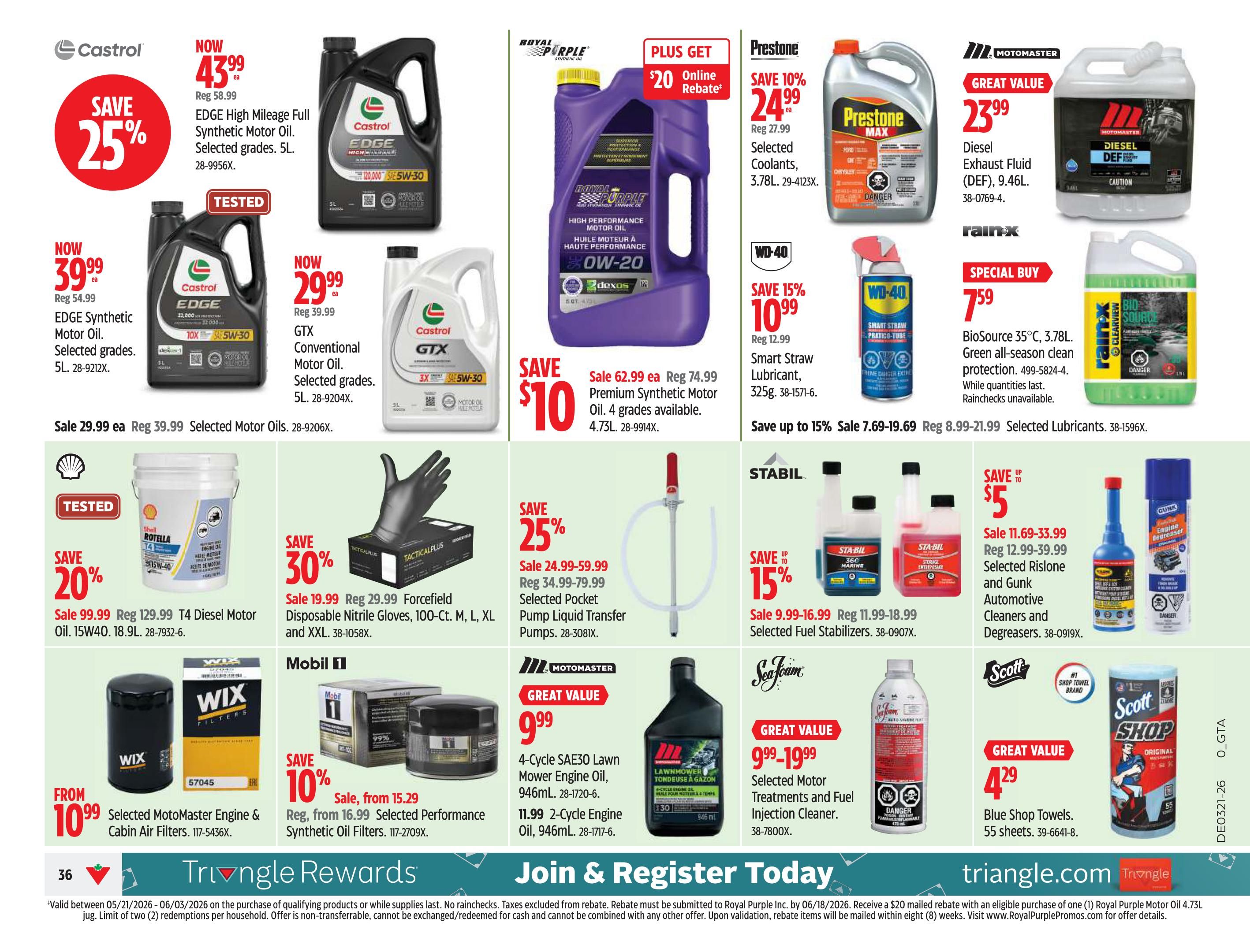 Page 38 of the Canadian Tire flyer features automotive fluids and accessories. Save 25% on Castrol EDGE High Mileage Full Synthetic Motor Oil, 5L, now $43.99. Save 20% on Castrol EDGE Synthetic Motor Oil, 5L, now $39.99. Castrol GTX Conventional Motor Oil, 5L, is now $29.99. Royal Purple Premium Synthetic Motor Oil, 4.73L, is on sale for $62.99 with a $20 online rebate. Prestone MAX Coolants, 3.78L, are on sale for $24.99 with 10% off. Motomaster Diesel Exhaust Fluid (DEF), 9.46L, is a great value at $23.99. Rain-X BioSource, 3.78L, is a special buy at $7.59. Save 15% on WD-40 Smart Straw Lubricant, 325g, now $10.99. Save 20% on Shell Rotella T4 Diesel Motor Oil, 15W40, 18.9L, now $99.99. Save 30% on Forcefield Disposable Nitrile Gloves, 100-Ct, M, L, XL, now $19.99. Save 25% on selected pocket pump liquid transfer pumps, starting at $24.99. Save up to 15% on Stabil Fuel Stabilizers, with prices starting at $9.99. Save up to $5 on Rislone and Gunk Automotive Cleaners and Degreasers, with sale prices from $11.69. Wix selected engine and cabin air filters are from $10.99. Mobil 1 selected performance synthetic oil filters are 10% off, sale from $15.29. Motomaster 4-Cycle SAE30 Lawn Mower Engine Oil, 946mL, is a great value at $9.99. Sea Foam selected motor treatments and fuel injection cleaner are great value from $9.99-$19.99. Scott Shop Towels, 55 sheets, are a great value at $4.29. The page also highlights Triangle Rewards and a 'Join & Register Today' promotion.