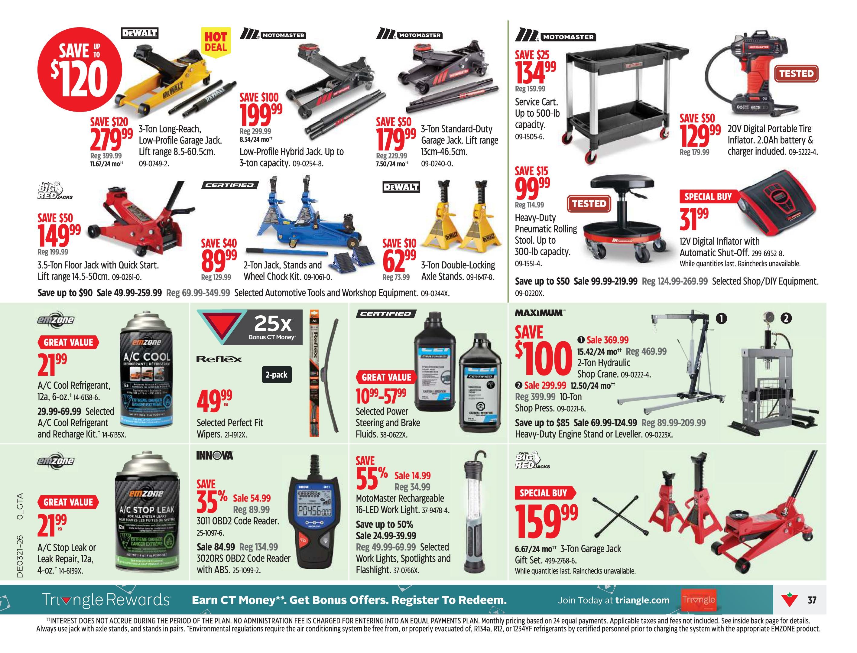 Canadian Tire flyer page 39 features automotive tools and workshop equipment. Save up to $120 on a DeWalt 3-Ton Long-Reach, Low-Profile Garage Jack for $279.99 (Reg $399.99). Save $100 on a Motomaster Low-Profile Hybrid Jack, 3-ton capacity for $199.99 (Reg $299.99). Save $50 on a Motomaster 3-Ton Standard-Duty Garage Jack for $179.99 (Reg $229.99). Save $25 on a Motomaster Service Cart, up to 500-lb capacity for $134.99 (Reg $159.99). Save $50 on a DeWalt 3.5-Ton Floor Jack with Quick Start for $149.99 (Reg $199.99). Save $40 on a 2-Ton Jack, Stands and Wheel Chock Kit for $89.99 (Reg $129.99). Save $10 on 3-Ton Double-Locking Axle Stands for $62.99 (Reg $73.99). Save $50 on a 20V Digital Portable Tire Inflator with 2.0Ah battery and charger for $129.99 (Reg $179.99). Special Buy: 12V Digital Inflator with Automatic Shut-Off for $31.99. Great Value: Emzone A/C Cool Refrigerant, 12oz, for $21.99. Reflex 2-pack of Selected Perfect Fit Wipers for $49.99 each. Great Value: Emzone A/C Stop Leak or Leak Repair, 12oz, for $21.99. Save 35% on Innova 3011 OBD2 Code Reader for $54.99 (Reg $89.99) and 3020RS OBD2 Code Reader for $84.99 (Reg $134.99). Save 55% on a Motomaster Rechargeable 16-LED Work Light for $14.99 (Reg $34.99). Special Buy: 3-Ton Garage Jack Gift Set for $159.99. Maximum savings include a 2-Ton Hydraulic Shop Crane for $369.99 (Reg $469.99) and a 10-Ton Shop Press for $299.99 (Reg $399.99). Save up to $85 on a Heavy-Duty Engine Stand or Leveller for $69.99-$124.99 (Reg $89.99-$209.99). Great Value: Selected Power Steering and Brake Fluids for $10.99-$57.99.
