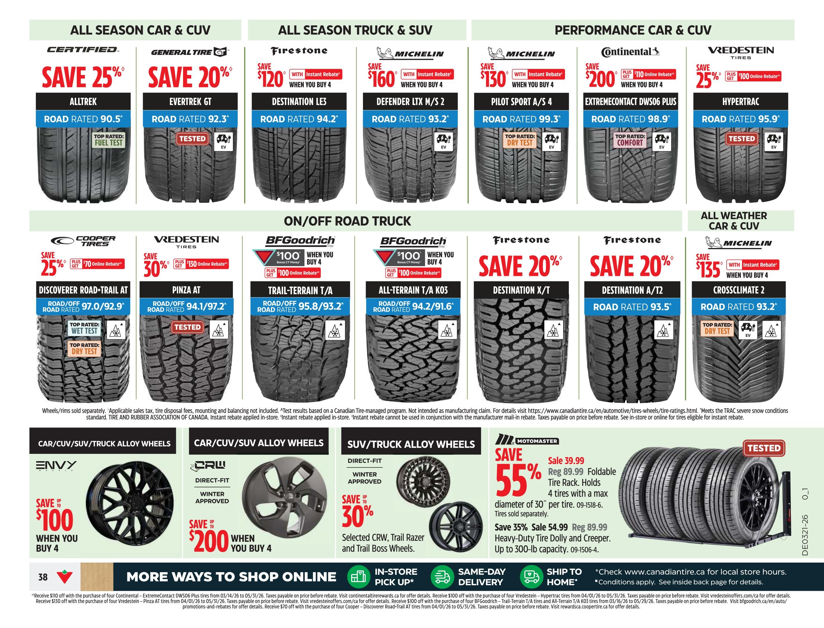 Canadian Tire Ontario flyer page 40 features a wide selection of tires and wheels. All Season Car & CUV tires include Certified Alltrek with save 25%, General Tire Evertrek GT with save 20%, Firestone Destination LE3 with save $120 when you buy 4, Michelin Defender LTX M/S 2 with save $160 when you buy 4, and Michelin Pilot Sport A/S 4 with save $130 when you buy 4. Performance Car & CUV tires include Continental ExtremeContact DWS06 PLUS with save $200 plus $110 online rebate when you buy 4, and Vredestein Hypertrac with save 25% plus $100 online rebate. All Weather Car & CUV tires include Michelin CrossClimate 2 with save $135 with instant rebate when you buy 4. On/Off Road Truck tires include Cooper Discoverer Road-Trail AT with save 25% plus $70 online rebate, Vredestein Pinza AT with save 30% plus $130 online rebate, BFGoodrich Trail-Terrain T/A with $100 bonus CT money when you buy 4 plus $100 online rebate, BFGoodrich All-Terrain T/A KO3 with $100 bonus CT money when you buy 4 plus $100 online rebate, Firestone Destination X/T with save 20%, and Firestone Destination A/T2 with save 20%. Also featured are SUV/Truck Alloy Wheels including Motomaster with save 55% on foldable tire racks, sale price $39.99, regular $89.99. Selected CRV, Trail Razer and Boss Wheels are on direct-fit with save 30%. Envy Car/CUV/SUV/Truck Alloy Wheels with save up to $100 when you buy 4. CRW Car/CUV/SUV Alloy Wheels with save up to $200 when you buy 4, winter approved. More ways to shop online, in-store pick up, same-day delivery, and ship to home are also highlighted.