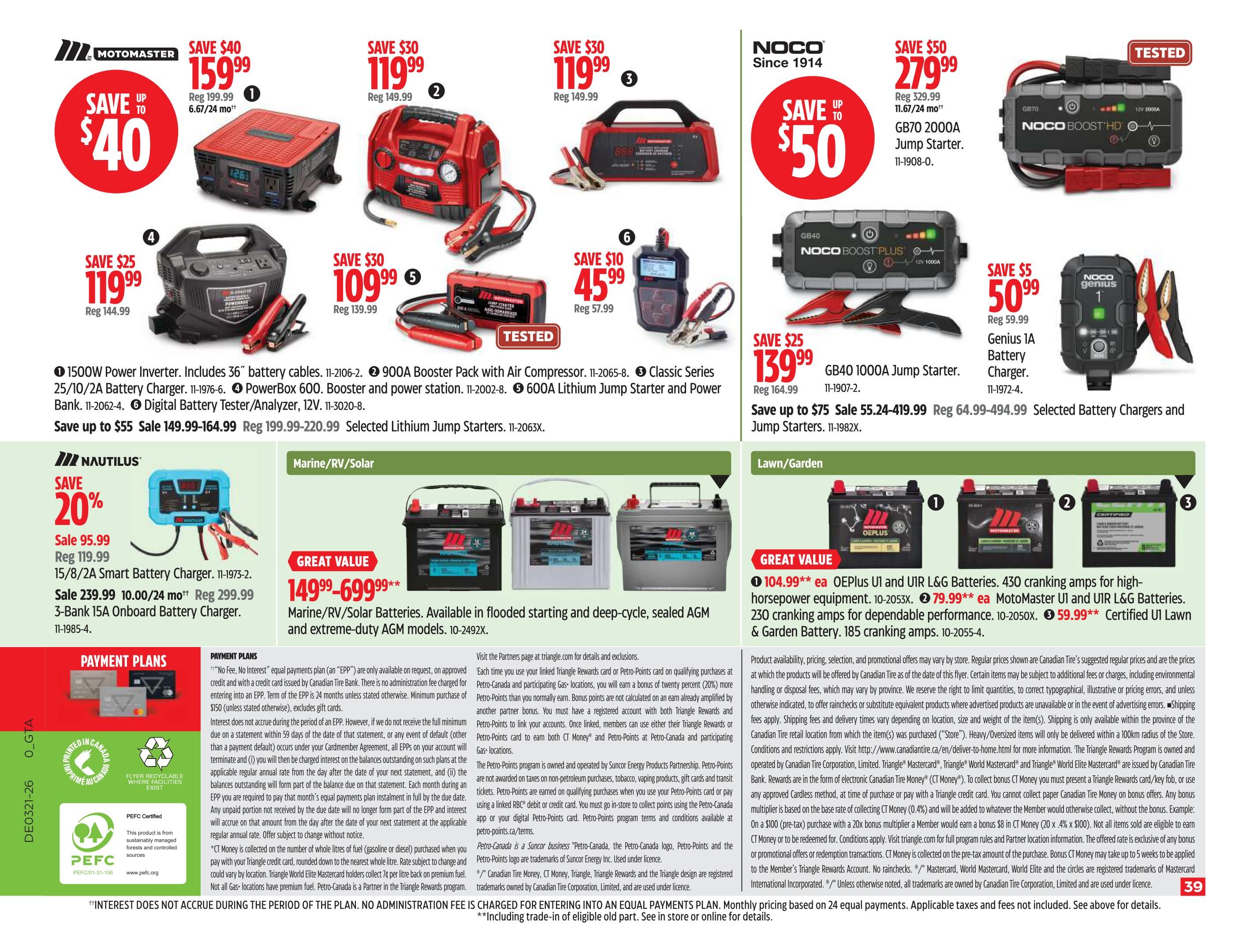 Canadian Tire Ontario flyer page 41 features battery chargers and car batteries. Top section showcases Motomaster and NOCO jump starters and battery chargers with savings up to $50. Featured are the Motomaster 1500W Power Inverter for $159.99 (save $40), 900A Booster Pack for $119.99 (save $30), PowerBox 600 for $119.99 (save $30), and Digital Battery Tester/Analyzer for $45.99 (save $10). NOCO products include the GB70 2000A Jump Starter for $279.99 (save $50), GB40 1000A Jump Starter for $139.99 (save $25), and Genius 1A Battery Charger for $50.99 (save $5). The middle section highlights Nautilus 15/8/2A Smart Battery Charger on sale for $95.99 (save 20%) and 3-Bank 15A Onboard Battery Charger for $239.99. Marine/RV/Solar batteries are on sale starting at $149.99 up to $699.99. The bottom section displays Lawn/Garden batteries: OEplus UI and UIR L&G Batteries for $104.99 each, Motomaster U1 and UIR L&G Batteries for $79.99 each, and Certified UI Lawn Garden Battery for $59.99. Payment plans are available with no fee, no interest equal payments on approved credit with a Canadian Tire Bank credit card. Details on Petro-Points and CT Money collection are also provided.