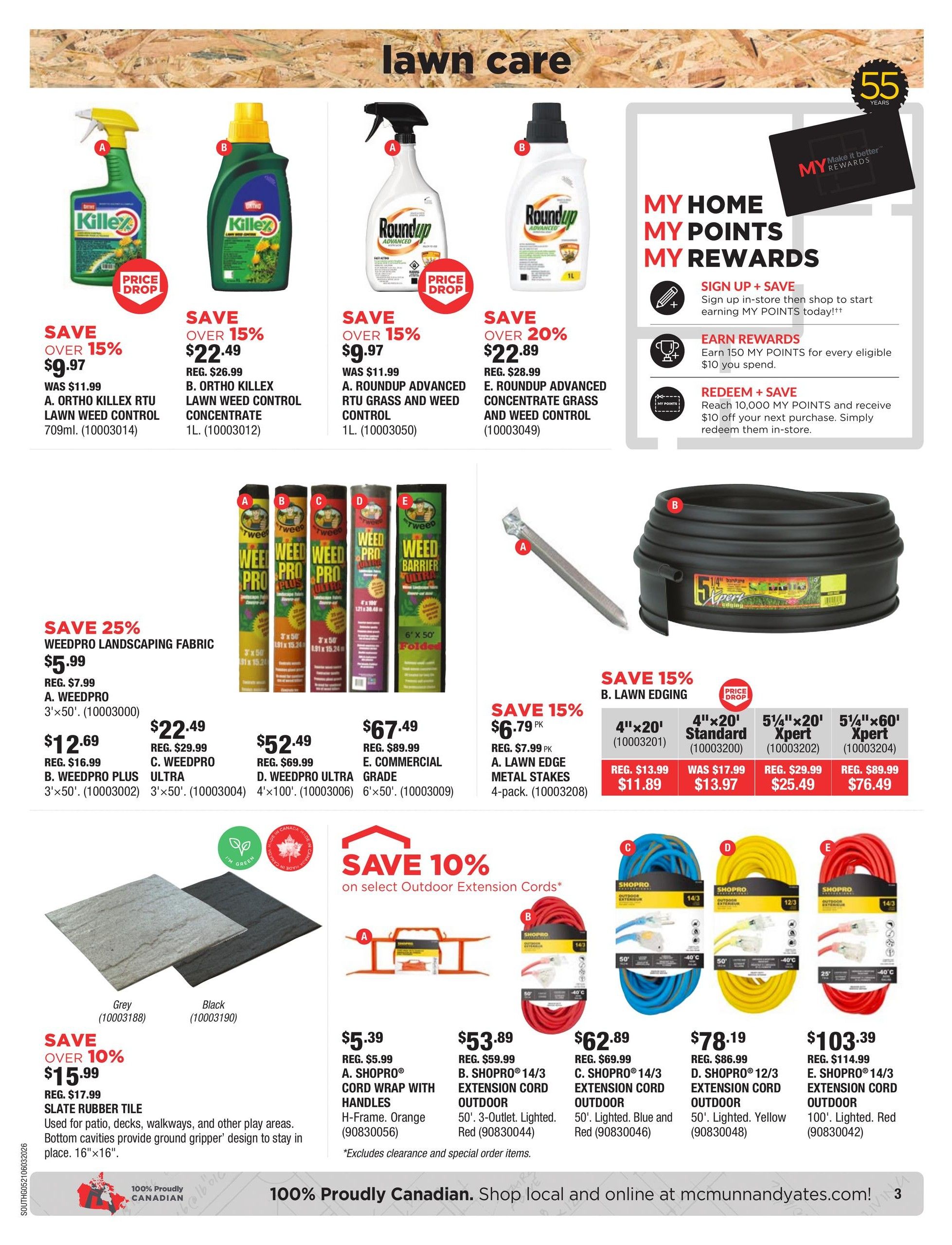McMunn & Yates Building Supplies flyer page 3, featuring lawn care products. Save over 15% on KilleX RTU Lawn Weed Control, with options like 709ml for $9.97 and 1L concentrate for $22.49. Also save over 15% on Roundup Advanced RTU Grass and Weed Control for $9.97 and concentrate for $22.89. Save 25% on WeedPro Landscaping Fabric for $5.99. WeedPro and WeedPro Plus are available in various sizes, with prices ranging from $12.69 to $67.49. Lawn edging is on sale with 15% off, including 4'x20' stakes for $11.89 and various lengths of edging from $13.97 to $76.49. Save over 10% on Slate Rubber Tiles in grey and black for $15.99. Save 10% on select Outdoor Extension Cords, including Shopro Cord Wrap with Handles for $5.39, and 50' outdoor extension cords in red, blue, and yellow for $53.89, $62.89, and $78.19 respectively. A 100' lighted red extension cord is available for $103.39. The page also highlights the MY HOME MY POINTS MY REWARDS program for earning and redeeming points.