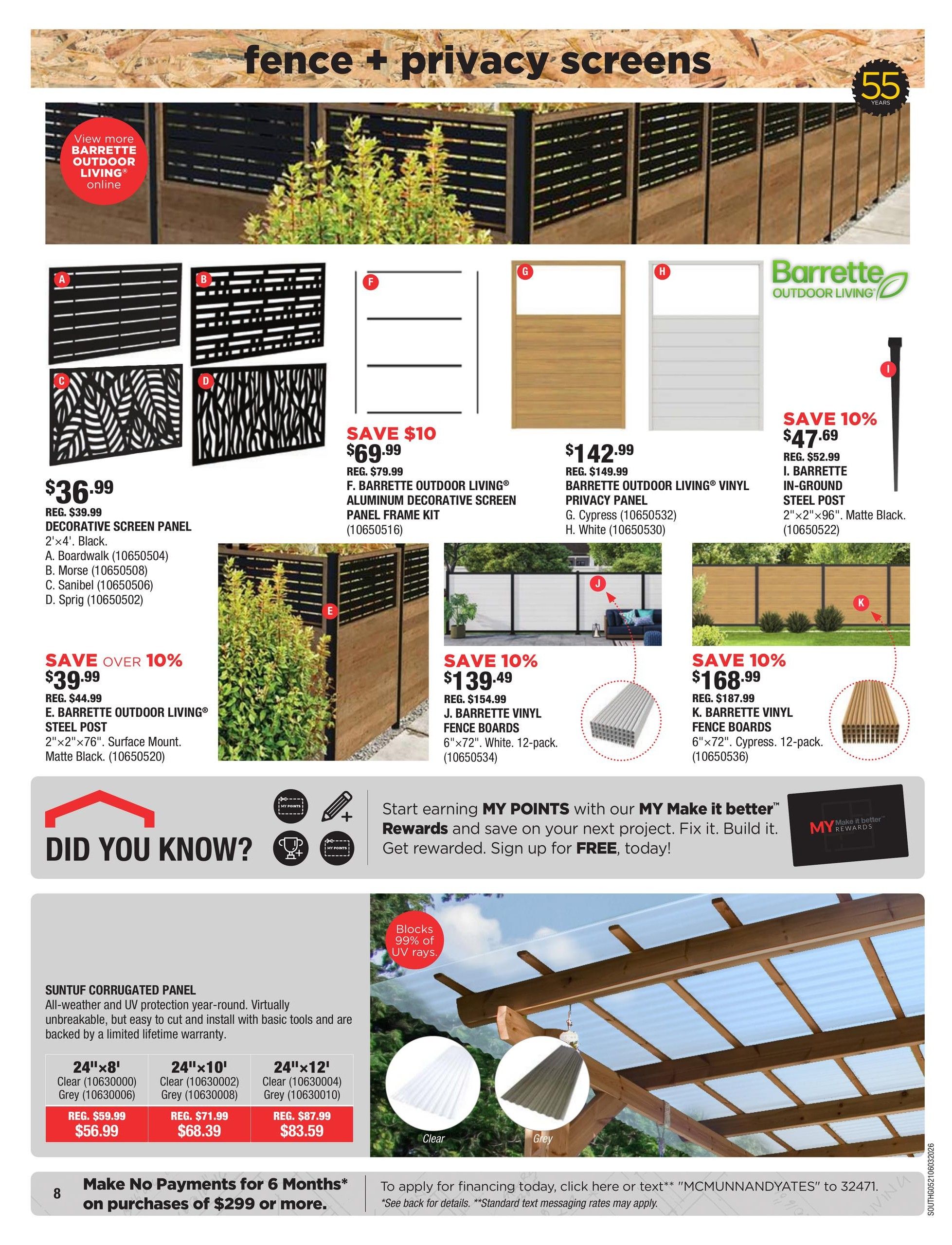 McMunn & Yates Building Supplies flyer page 8 features fence and privacy screens. Decorative screen panels are on sale for $36.99. Barrette Outdoor Living decorative screen panel frame kits are $69.99, a $10 saving. Barrette Outdoor Living vinyl privacy panels are $142.99. Barrette vinyl fence boards are on sale for $139.49 for a 12-pack, a 10% saving. Barrette steel posts are $47.69, a 10% saving. SUNTUF corrugated panels are available in 24'x8', 24'x10', and 24'x12' sizes in clear and grey, with prices starting at $56.99. The page also promotes MY Make it better Rewards and a financing offer for no payments for 6 months on purchases of $299 or more.