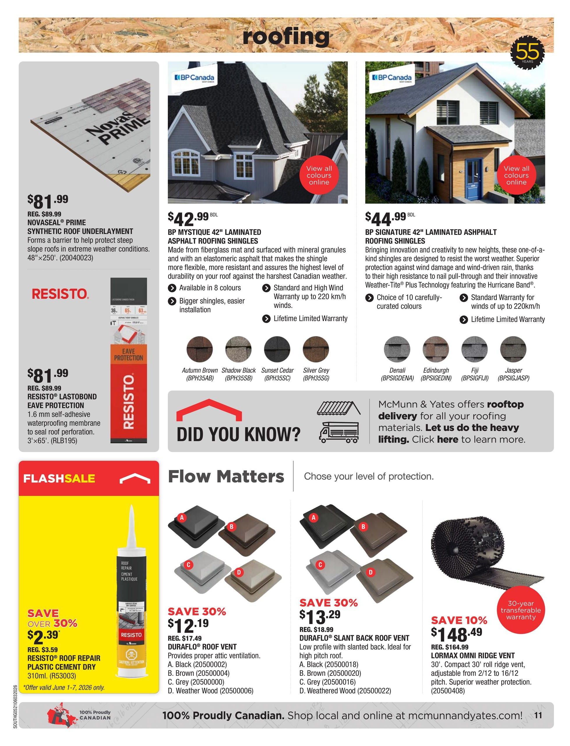 McMunn & Yates Building Supplies flyer page 11 features roofing products. On sale is Novaseal Prime Synthetic Roof Underlayment for $81.99 (regular $89.99), a barrier to help protect steep slope roofs. Also featured is Resisto Lastobond Eave Protection, a 1.6 mm self-adhesive waterproofing membrane, for $81.99. BP Mystique 42' Laminated Asphalt Roofing Shingles are $42.99 BDL, made from fibreglass mat and surfaced with mineral granules, available in 8 colours. BP Signature 42' Laminated Asphalt Roofing Shingles are $44.99 BDL, designed to resist the worst weather and available in 10 curated colours. A Flash Sale offers Resisto Roof Repair Plastic Cement Dry 310ml for $2.39 (save over 30%, regular $3.59), valid June 1-7, 2026. DuraFlo Roof Vents are on sale for $12.19 (save 30%, regular $17.49) and DuraFlo Slant Back Roof Vents are $13.29 (save 30%, regular $18.99), both providing proper attic ventilation. Lormax Omni Ridge Vent is on sale for $148.49 (save 10%, regular $164.99), a 30' compact roll ridge vent with a 30-year transferable warranty. The page also includes a 'Did You Know?' section about McMunn & Yates offering rooftop delivery for roofing materials.