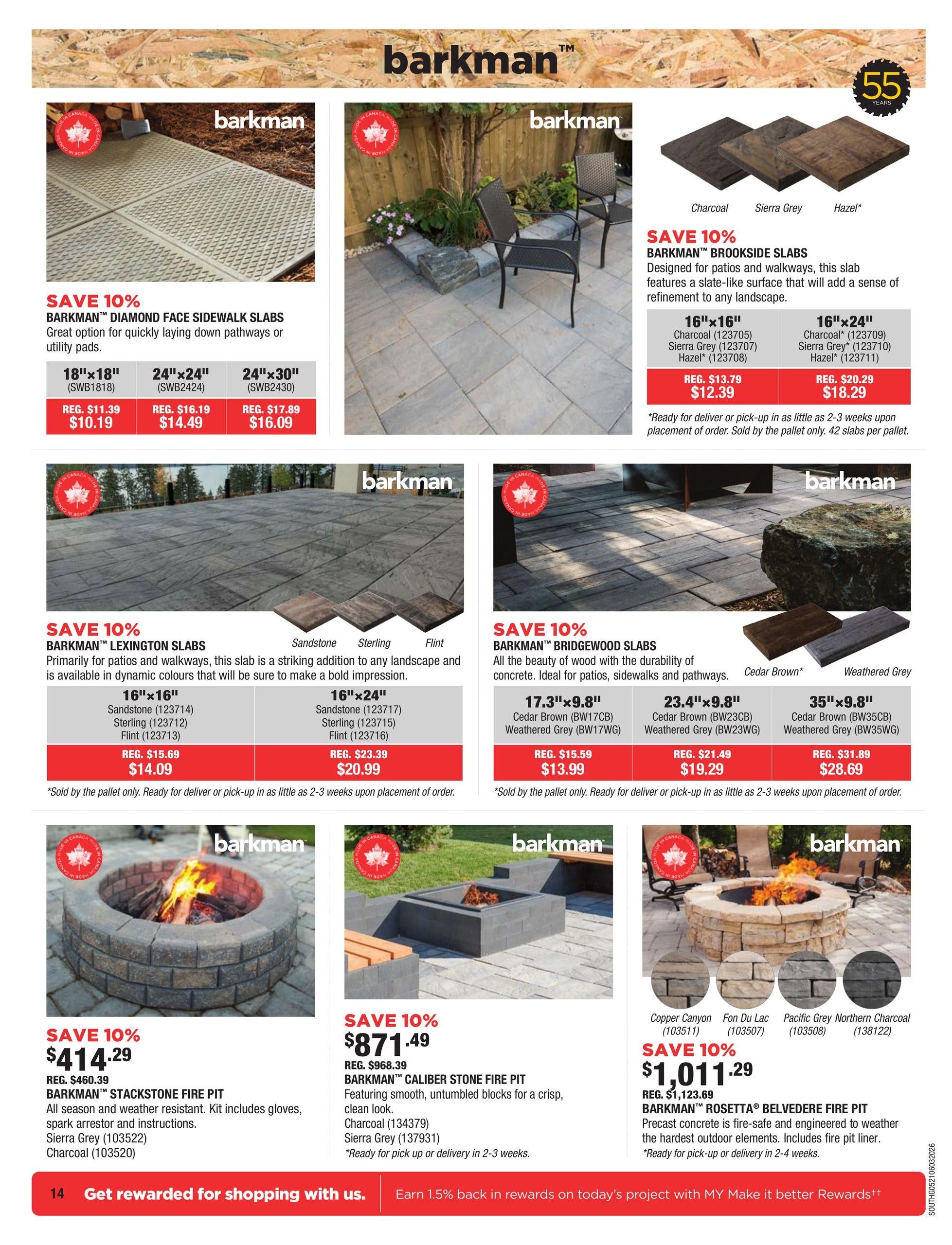 McMunn & Yates Building Supplies flyer page 14 features Barkman paving stones and fire pits. Save 10% on Barkman Diamond Face Sidewalk Slabs, available in 18'x18' for $10.19, 24'x24' for $14.49, and 24'x30' for $16.09. Also save 10% on Barkman Brookside Slabs, in 16'x16' for $12.39 and 16'x24' for $18.29, with colour options Charcoal, Sierra Grey, and Hazel. Save 10% on Barkman Lexington Slabs, in 16'x16' for $14.09 and 16'x24' for $20.99, in Sandstone, Sterling, and Flint colours. Save 10% on Barkman Bridgewood Slabs, in 17.3'x9.8' for $13.99, 23.4'x9.8' for $19.29, and 35'x9.8' for $28.69, in Cedar Brown and Weathered Grey. Featured fire pits include the Barkman Stackstone Fire Pit for $414.29, the Barkman Caliber Stone Fire Pit for $871.49, and the Barkman Rosetta Belvedre Fire Pit for $1,011.29. The bottom banner indicates 'Get rewarded for shopping with us' and 'Earn 1.5% back in rewards'.