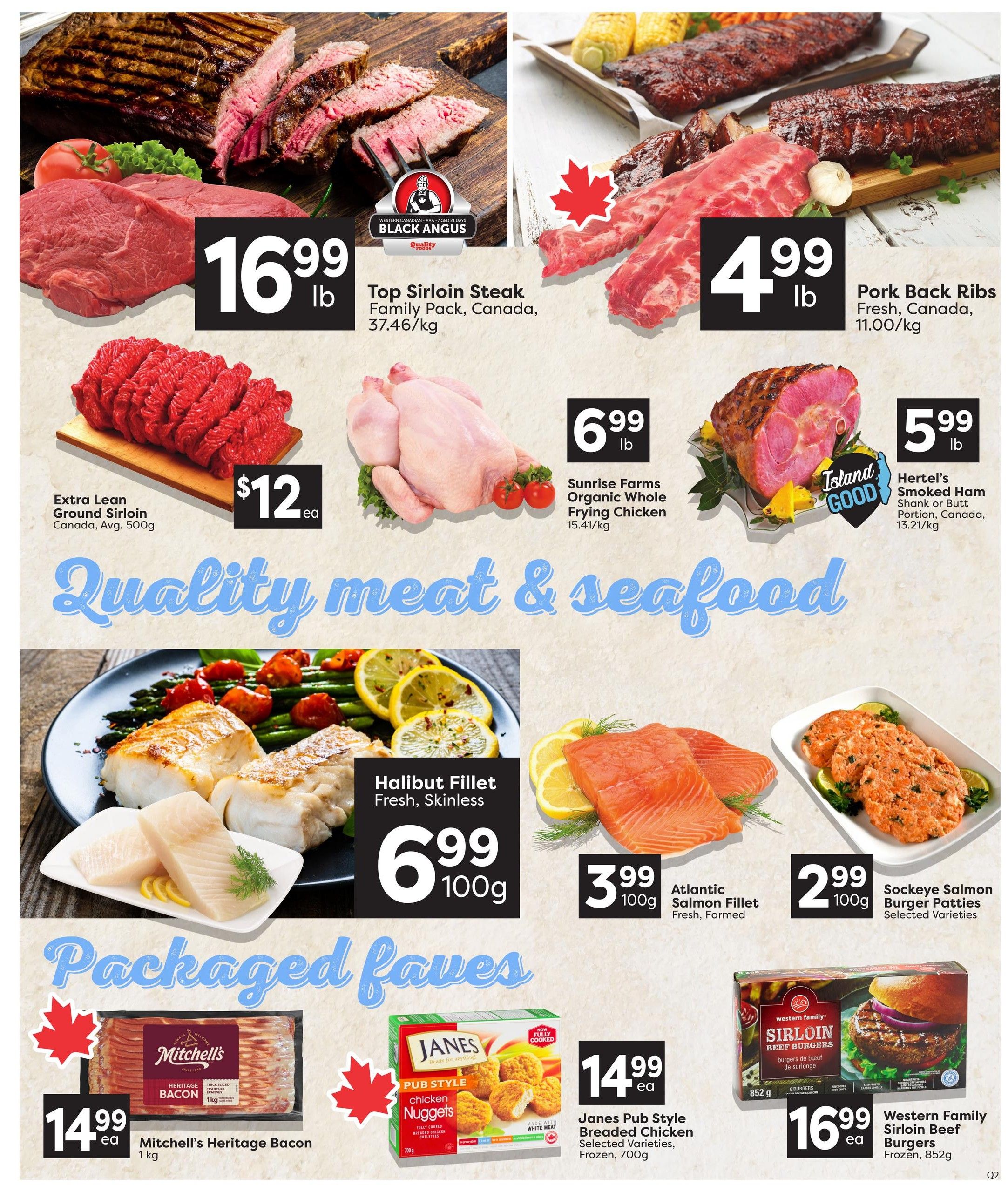 Quality Foods weekly flyer specials page 6 features a variety of meat and seafood deals. Top Sirloin Steak Family Pack is $16.99/lb. Pork Back Ribs are $4.99/lb. Extra Lean Ground Sirloin Canada, Avg. 500g is $12 each. Sunrise Farms Organic Whole Frying Chicken is $6.99/lb. Hertel's Smoked Ham Shank or Butt Portion, Canada, 13.21/kg is $5.99/lb. Featured seafood includes Halibut Fillet, Fresh, Skinless for $6.99/100g, Atlantic Salmon Fillet, Fresh, Farmed for $3.99/100g, and Sockeye Salmon Burger Patties, Selected Varieties for $2.99/100g. Packaged favourites include Mitchell's Heritage Bacon, 1 kg for $14.99 each, Janes Pub Style Chicken Nuggets, Frozen, 700g for $14.99 each, and Western Family Sirloin Beef Burgers, Frozen, 852g for $16.99 each.