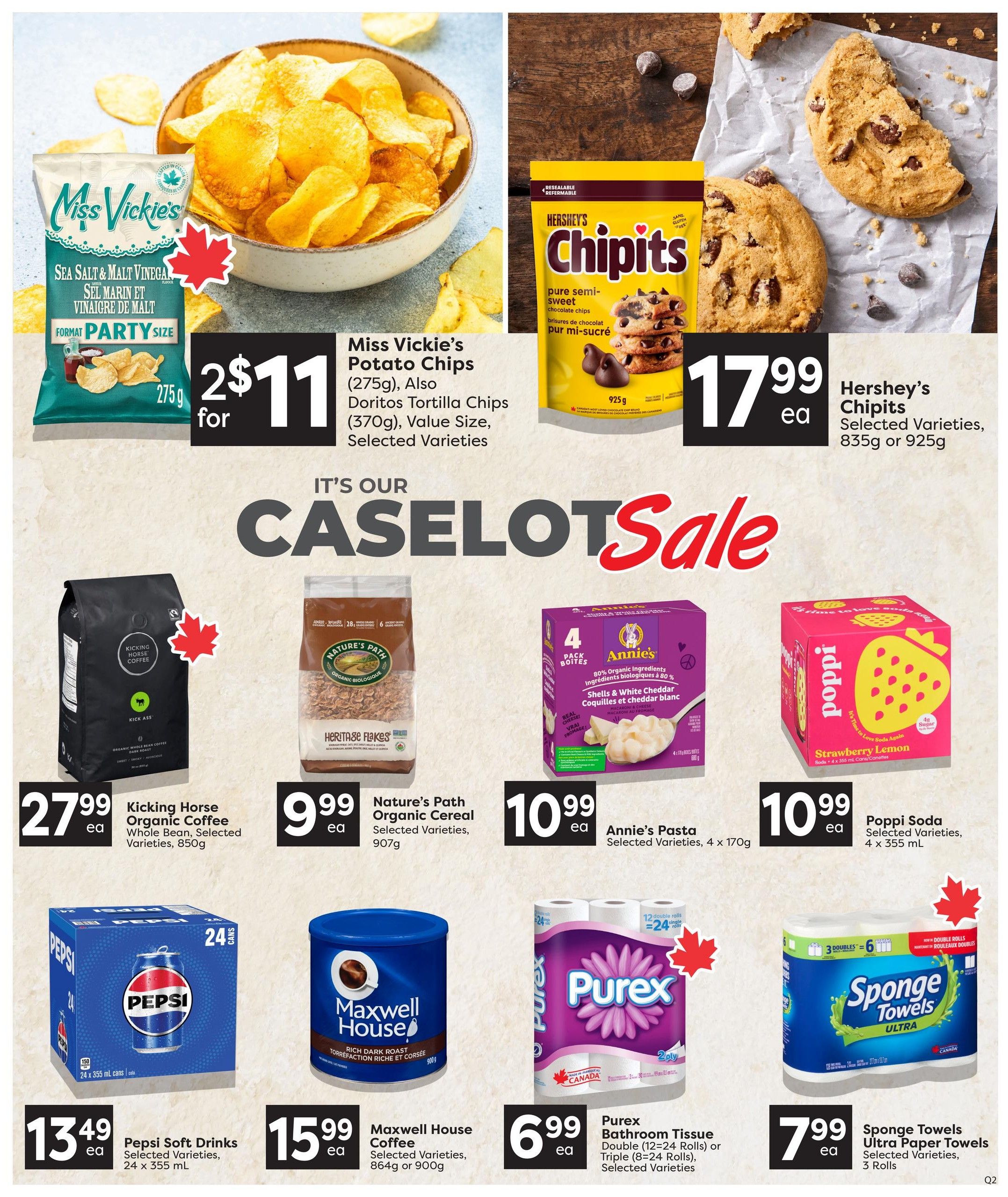 Quality Foods weekly flyer specials page 11 features a 'Case Lot Sale'. Featured products include Miss Vickie's Potato Chips (275g) and Doritos Tortilla Chips (370g) for 2 for $11. Hershey's Chipits, selected varieties, 835g or 925g are on sale for $17.99 each. Kicking Horse Organic Coffee, whole bean, selected varieties, 850g is $27.99 each. Nature's Path Organic Cereal, selected varieties, 907g is $9.99 each. Annie's Pasta, selected varieties, 4 x 170g is $10.99 each. Poppi Soda, strawberry lemon flavour, 4 x 355 mL is $10.99 each. Pepsi Soft Drinks, selected varieties, 24 x 355 mL cans are $13.49 each. Maxwell House Coffee, selected varieties, 864g or 900g is $15.99 each. Purex Bathroom Tissue, double (12=24 rolls) or triple (8=24 rolls), selected varieties is $6.99 each. Sponge Towels Ultra Paper Towels, selected varieties, 3 rolls are $7.99 each.