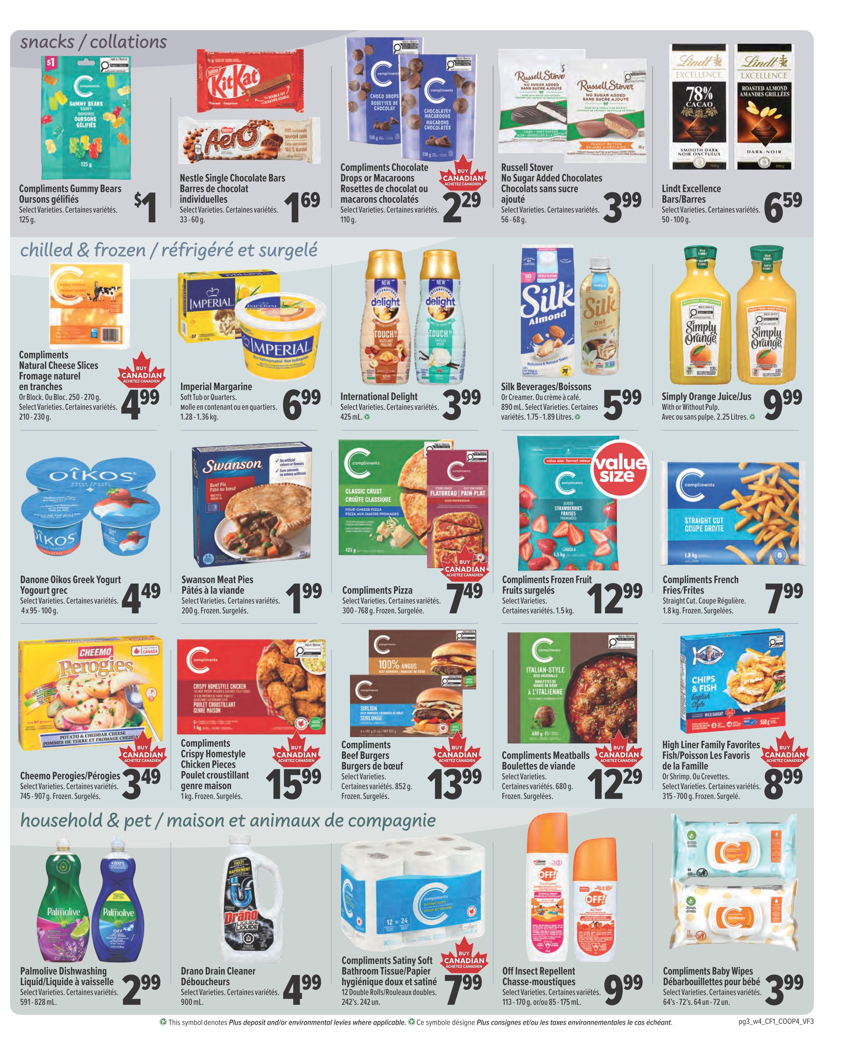 Valufoods weekly flyer specials page 3 features snacks and chilled & frozen items. Snacks include Compliments Gummy Bears for $1, Nestle Single Chocolate Bars for $1.69, Compliments Chocolate Drops or Macaroons for $2.29, Russell Stover No Sugar Added Chocolates for $3.99, and Lindt Excellence Bars/Barres for $6.59. Chilled and frozen items include Compliments Natural Cheese Slices for $4.99, Imperial Margarine for $6.99, International Delight coffee creamers for $3.99, Silk Beverages/Boissons for $5.99, and Simply Orange Juice/Jus for $9.99. Also featured are Danone Oikos Greek Yogurt for $4.49, Swanson Meat Pies for $1.99, Compliments Pizza for $7.49, Compliments Frozen Fruit for $12.99, and Compliments French Fries for $7.99. The household, pet & animal section includes Palmolive Dishwashing Liquid for $2.99, Drano Drain Cleaner for $4.99, Compliments Satiny Soft Bathroom Tissue for $7.99, Off Insect Repellent for $9.99, and Compliments Baby Wipes for $3.99. Cheemo Perogies/Pérogies are $3.49, Compliments Crispy Homestyle Chicken Pieces are $15.99, Compliments Beef Burgers are $13.99, Compliments Meatballs are $12.29, and High Liner Family Favorites Fish/Poisson are $8.99.