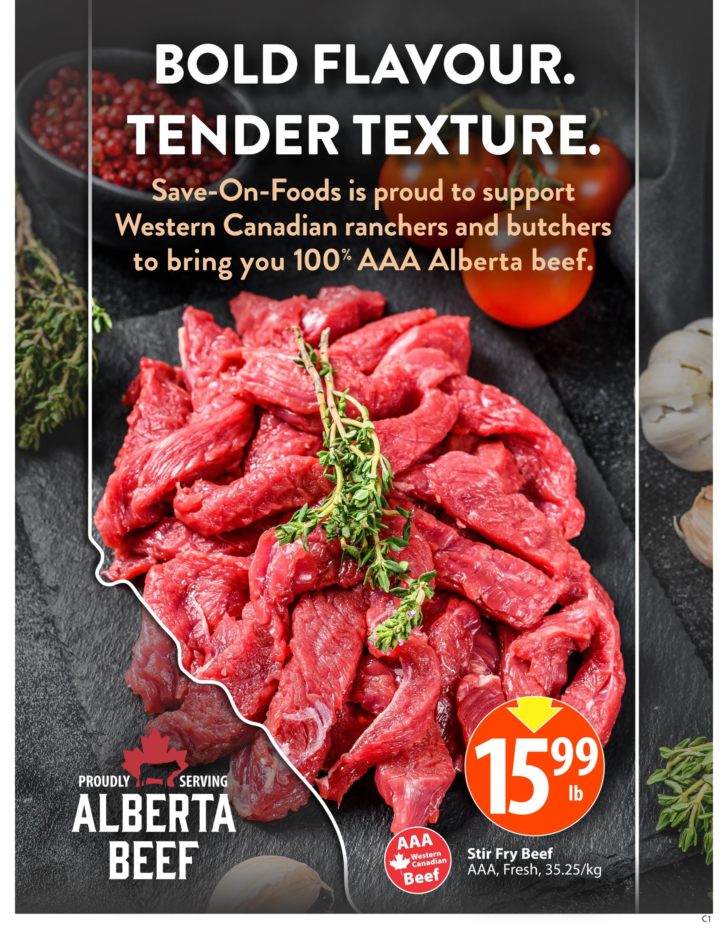 Save-On-Foods flyer page 7 features a promotion on 100% AAA Alberta beef. The page highlights 'Bold Flavour. Tender Texture.' and states Save-On-Foods supports Western Canadian ranchers and butchers. The featured product is AAA Western Canadian Beef Stir Fry Beef, AAA, Fresh, priced at $15.99 per lb, which is equivalent to $35.25/kg.