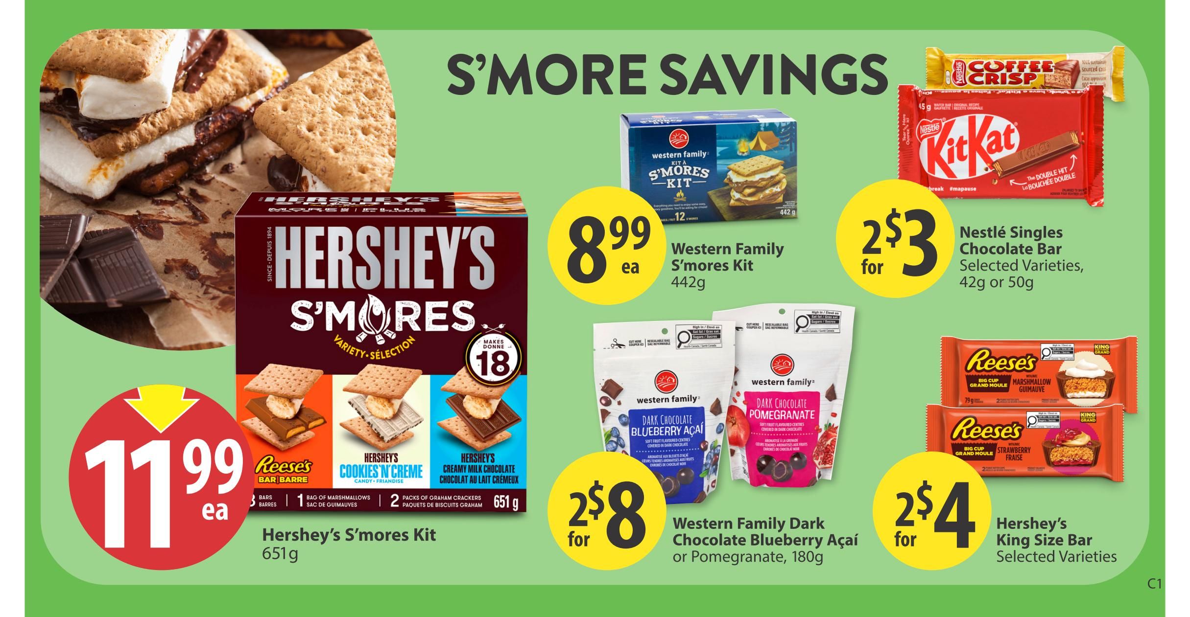 Save-On-Foods flyer page featuring S'more Savings. Highlighted items include Hershey's S'mores Kit for $11.99, which makes 18 s'mores and includes Reese's Bar, Hershey's Cookies 'n' Creme, and graham crackers. Also featured is the Western Family S'mores Kit 442g for $8.99 each. Nestlé Singles Chocolate Bars in selected varieties (42g or 50g) are on sale for 2 for $3. Western Family Dark Chocolate Blueberry Açai or Pomegranate 180g bags are 2 for $8. Finally, Hershey's King Size Bars in selected varieties, including Reese's Big Cup Marshmallow and Strawberry, are on sale for 2 for $4.