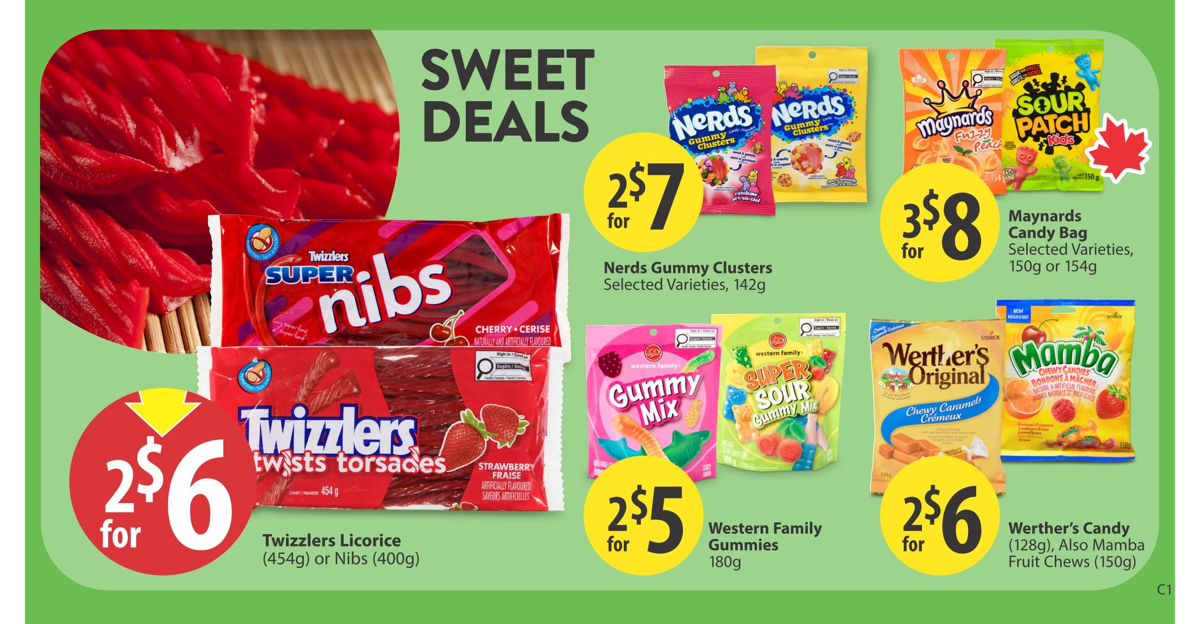 Save-On-Foods weekly flyer specials page 16 features 'Sweet Deals' on candy. Get 2 for $7 on Nerds Gummy Clusters in selected varieties, 142g. Buy 3 for $8 on Maynards Candy Bags, available in selected varieties, 150g or 154g. Enjoy 2 for $6 on Twizzlers Licorice twists torsades, 454g, or Nibs, 400g. Also on sale, get 2 for $5 on Western Family Gummies, 180g, and 2 for $6 on Werther's Original Chewy Caramels, 128g, or Mamba Fruit Chews, 150g.