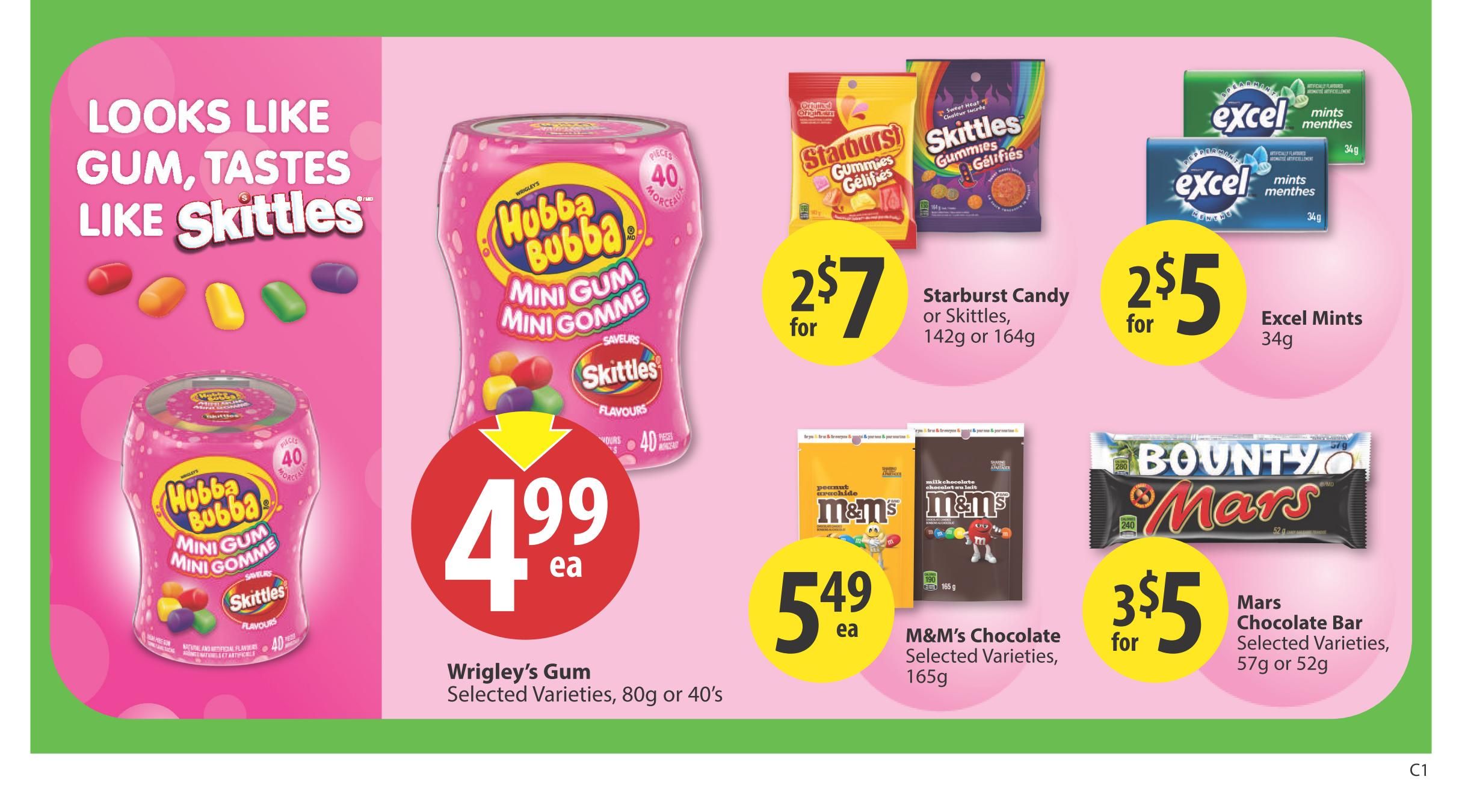 Save-On-Foods weekly flyer specials page 17 features a variety of candy and mints. Highlighted is Hubba Bubba Mini Gum in Skittles flavour for $4.99 each, described as looking like gum and tasting like Skittles. Also available are Starburst Candy or Skittles Gummies for 2 for $7, and Excel Mints (34g) for 2 for $5. M&M's Chocolate (165g) in selected varieties are priced at $5.49 each, and Mars Chocolate Bars (57g or 52g) in selected varieties are on sale for 3 for $5.
