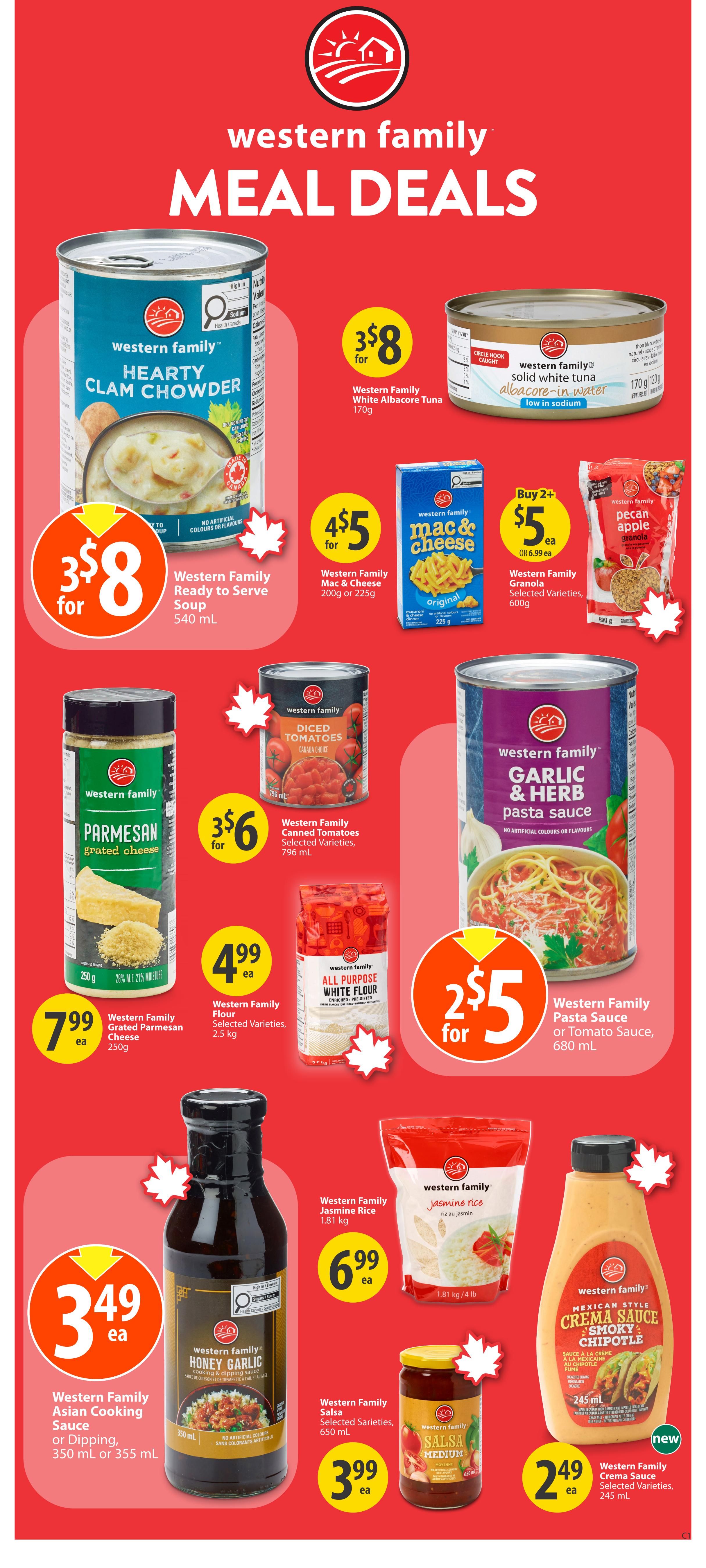 Save-On-Foods weekly flyer specials page 18 features 'Meal Deals' from Western Family. Highlights include Western Family Hearty Clam Chowder, 3 for $8; Western Family White Albacore Tuna, 3 for $8; Western Family Ready to Serve Soup, 3 for $8; Western Family Mac & Cheese, 4 for $5; Western Family Granola, Buy 2+ for $5 each; Western Family Diced Tomatoes, 3 for $6; Western Family All Purpose White Flour, $4.99 each; Western Family Pasta Sauce or Tomato Sauce, 2 for $5; Western Family Grated Parmesan Cheese, $7.99 each; Western Family Asian Cooking Sauce or Dipping Sauce, $3.49 each; Western Family Jasmine Rice, $6.99 each; Western Family Salsa, $3.99 each; and Western Family Mexican Style Crema Sauce, $2.49 each.