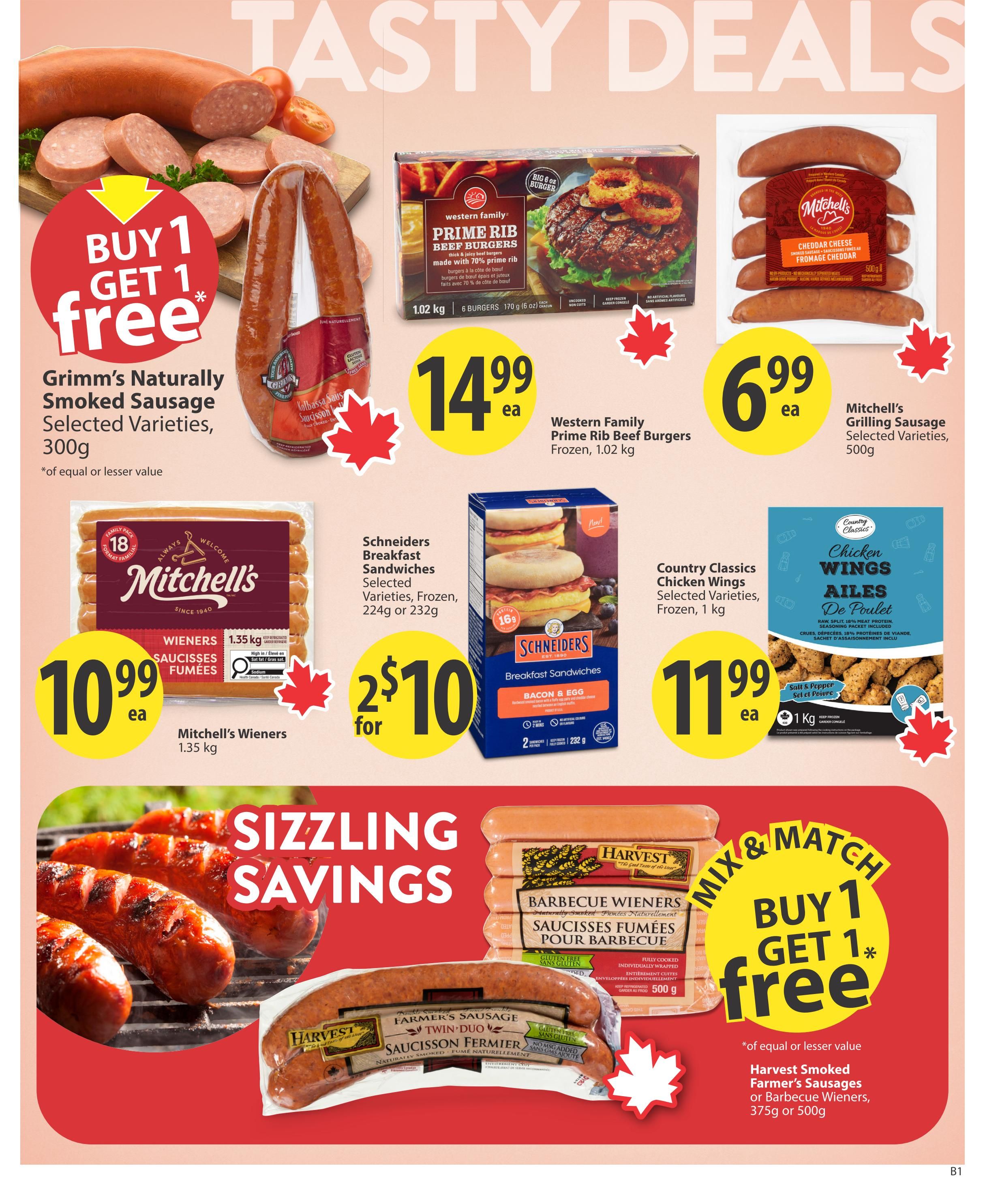 Save-On-Foods Alberta weekly flyer specials page 8. Features 'Tasty Deals' and 'Sizzling Savings'. Promotions include: Grimm's Naturally Smoked Sausage Selected Varieties, 300g, Buy 1 Get 1 Free. Western Family Prime Rib Beef Burgers, Frozen, 1.02 kg, for $14.99 each. Mitchell's Grilling Sausage Selected Varieties, 500g, for $6.99 each. Mitchell's Wieners, 1.35 kg, for $10.99 each. Schneiders Breakfast Sandwiches, Selected Varieties, Frozen, 224g or 232g, 2 for $10. Country Classics Chicken Wings, Selected Varieties, Frozen, 1 kg, for $11.99 each. Harvest Smoked Farmer's Sausages or Barbecue Wieners, 375g or 500g, Buy 1 Get 1 Free of equal or lesser value.