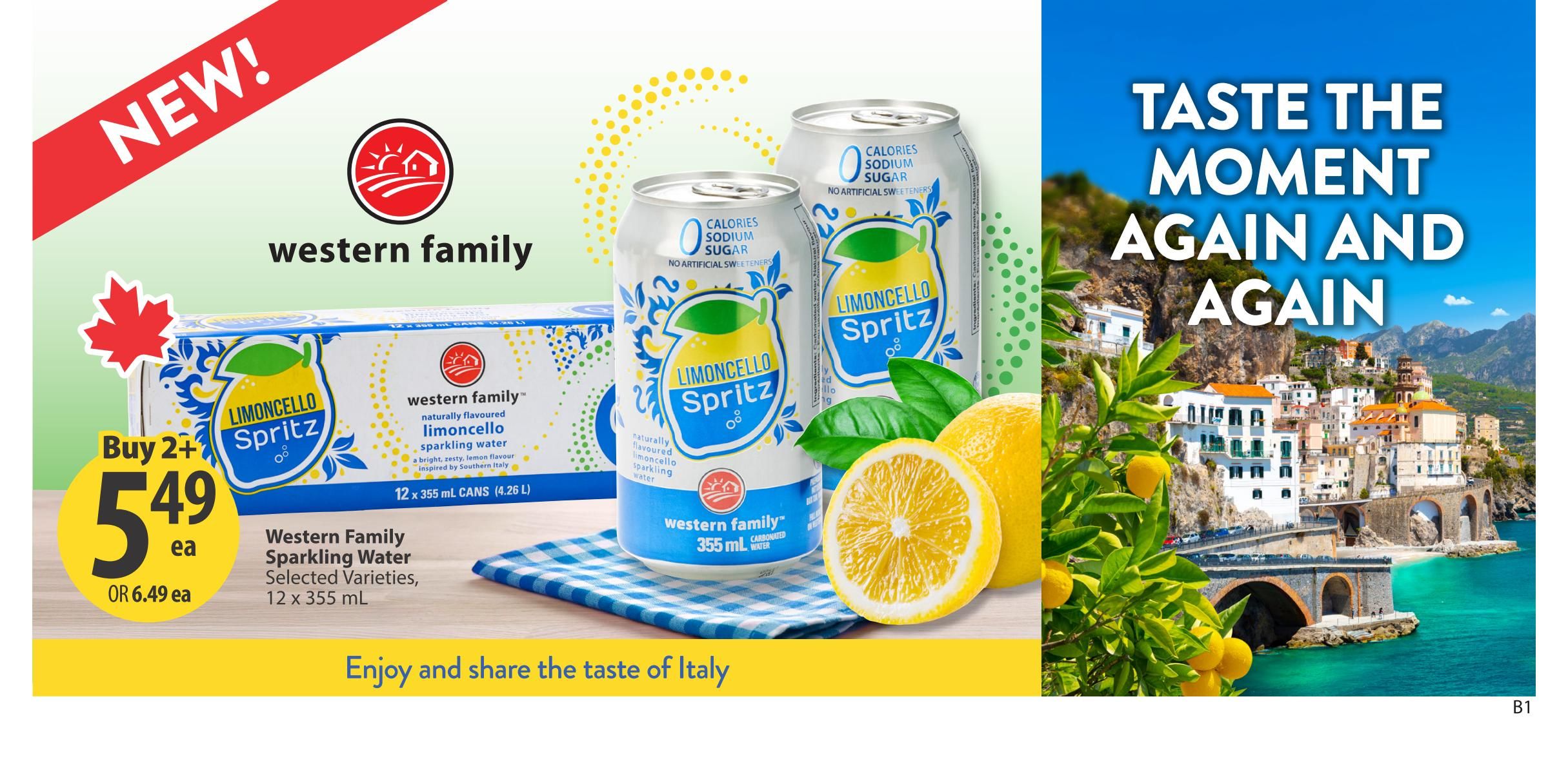 Save-On-Foods weekly flyer specials page 22 features Western Family Limoncello Spritz sparkling water, naturally flavoured with zero sodium sugar and no artificial sweeteners. Buy 2 for $5.49, or $6.49 each. This 12 x 355 mL pack is inspired by Southern Italy. The page also includes a scenic image of an Italian coastal town with the text 'Taste The Moment Again And Again'.