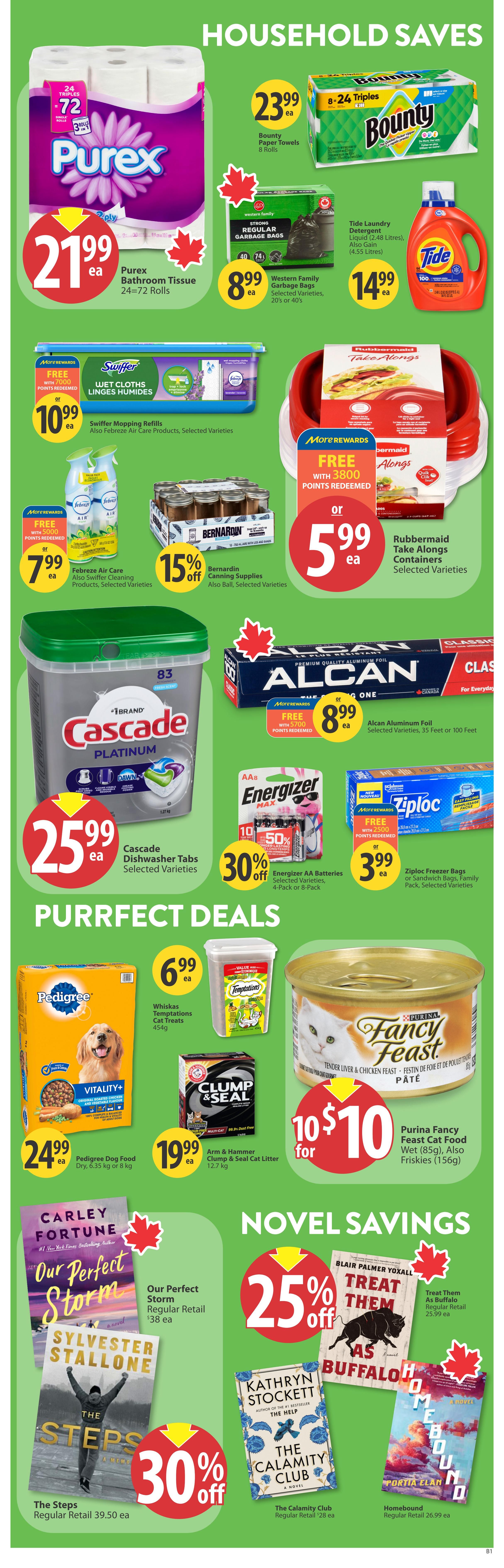 Save-On-Foods weekly flyer specials for Alberta, page 30. Household savings include Purex Bathroom Tissue, 24-72 rolls, for $21.99; Bounty Paper Towels, 8 rolls, for $23.99; Western Family Strong Regular Garbage Bags for $8.99; Tide Laundry Detergent Liquid (2.48 Litres or 4.55 Litres) for $14.99. Swiffer Mopping Refills are $10.99. Febreze Air Care products are $7.99. Bernardin Canning Supplies are 15% off. Rubbermaid Take Alongs Containers are $5.99. Cascade Dishwasher Tabs are $25.99. Alcan Aluminum Foil (35 or 100 feet) is $8.99. Energizer AA Batteries (4 or 8-pack) are 30% off. Ziploc Freezer Bags or Sandwich Bags are $3.99. Purrfect Deals include Pedigree Dog Food Dry (6.35 kg or 8 kg) for $24.99, Whiskas Temptations Cat Treats (454g) for $6.99, Arm & Hammer Clump & Seal Cat Litter (12.7 kg) for $19.99, and Purina Fancy Feast Cat Food Wet (85g) or Friskies (156g) for $10 for 10. Novel Savings include 'Our Perfect Storm' by Carley Fortune, 'The Steps' by Sylvester Stallone (30% off), 'Treat Them As Buffalo' by Blair Palmer Yoxall (25% off), 'The Calamity Club' by Kathryn Stocket, and 'Homebound' by Portia Elan.