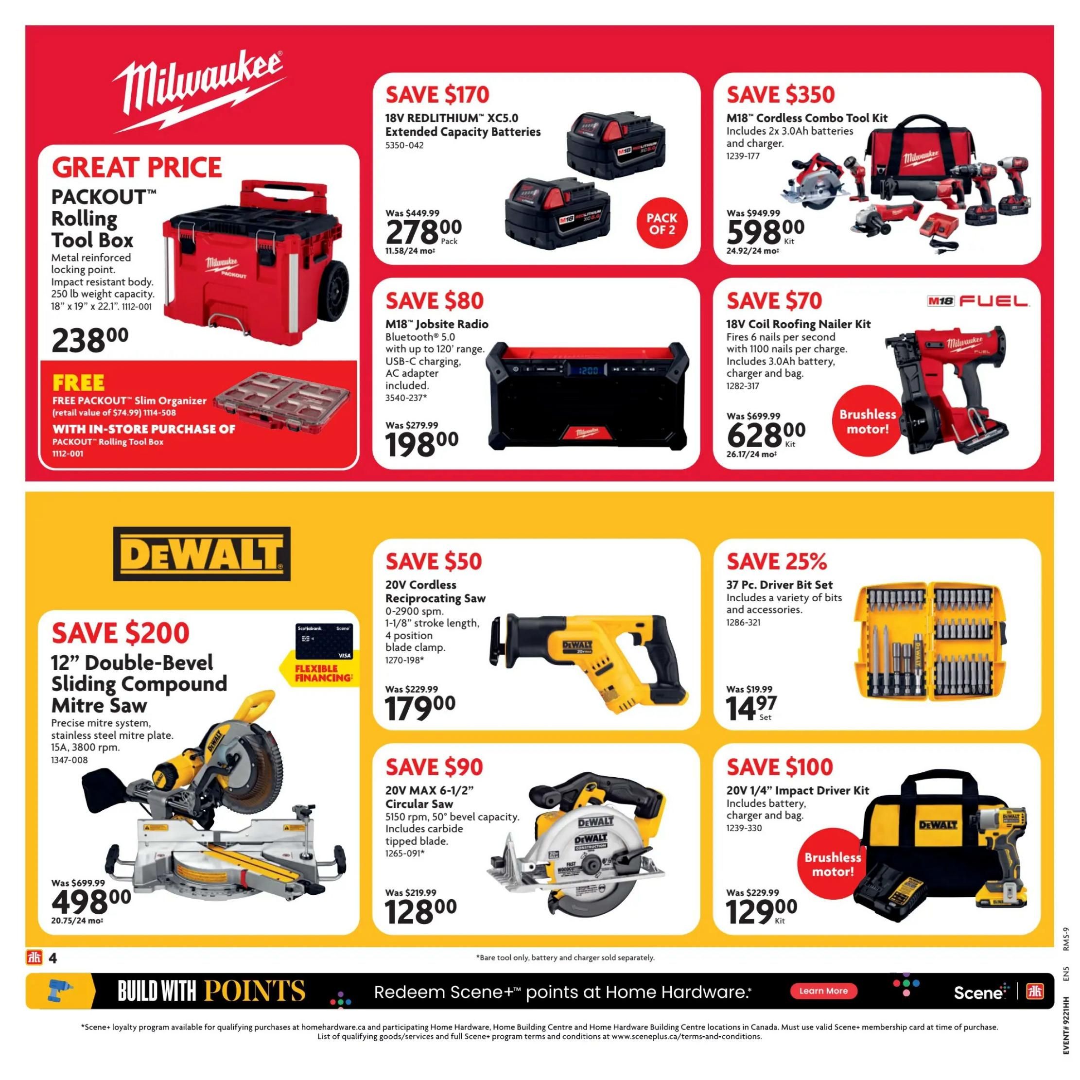 Home Hardware flyer specials page 5 features Milwaukee and DeWalt power tools. Milwaukee offers a PACKOUT Rolling Tool Box for $238.00, with a free PACKOUT Slim Organizer with purchase. Also available are 18V REDLITHIUM XC5.0 Extended Capacity Batteries (Pack of 2) for $278.00, an M18 Jobsite Radio with Bluetooth for $198.00, an M18 Cordless Combo Tool Kit for $598.00, and an 18V Coil Roofing Nailer Kit for $628.00. DeWalt features a 12' Double-Bevel Sliding Compound Mitre Saw for $498.00, a 20V Cordless Reciprocating Saw for $179.00, a 20V MAX 6-1/2' Circular Saw for $128.00, a 37 Pc. Driver Bit Set for $14.97, and a 20V 1/4' Impact Driver Kit for $129.00. The bottom of the page promotes building with points and redeeming Scene+ points at Home Hardware.