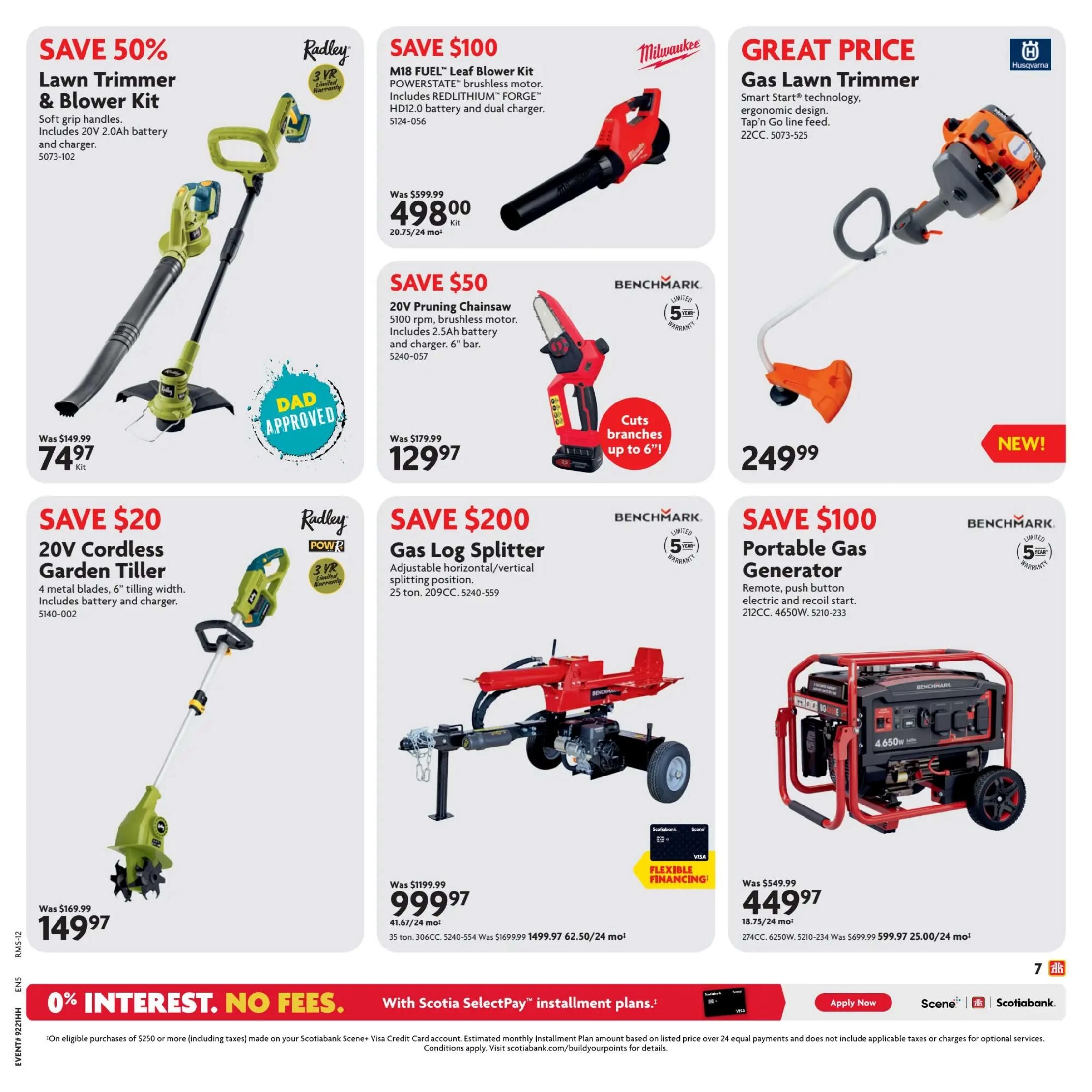 Home Hardware flyer specials page 8. Features a Radley 20V Lawn Trimmer & Blower Kit on sale for $74.97, originally $149.99, a 50% saving. Also featured is a Milwaukee M18 FUEL Leaf Blower Kit for $498.00, a $100 saving. A Husqvarna Gas Lawn Trimmer is available for a great price of $249.99. On the lower section, a Radley 20V Cordless Garden Tiller is on sale for $149.97, saving $20. A Benchmark Gas Log Splitter is $999.97, saving $200. Finally, a Benchmark Portable Gas Generator is $449.97, saving $100. The page also highlights 0% interest, no fees with Scotiabank SelectPay installment plans.