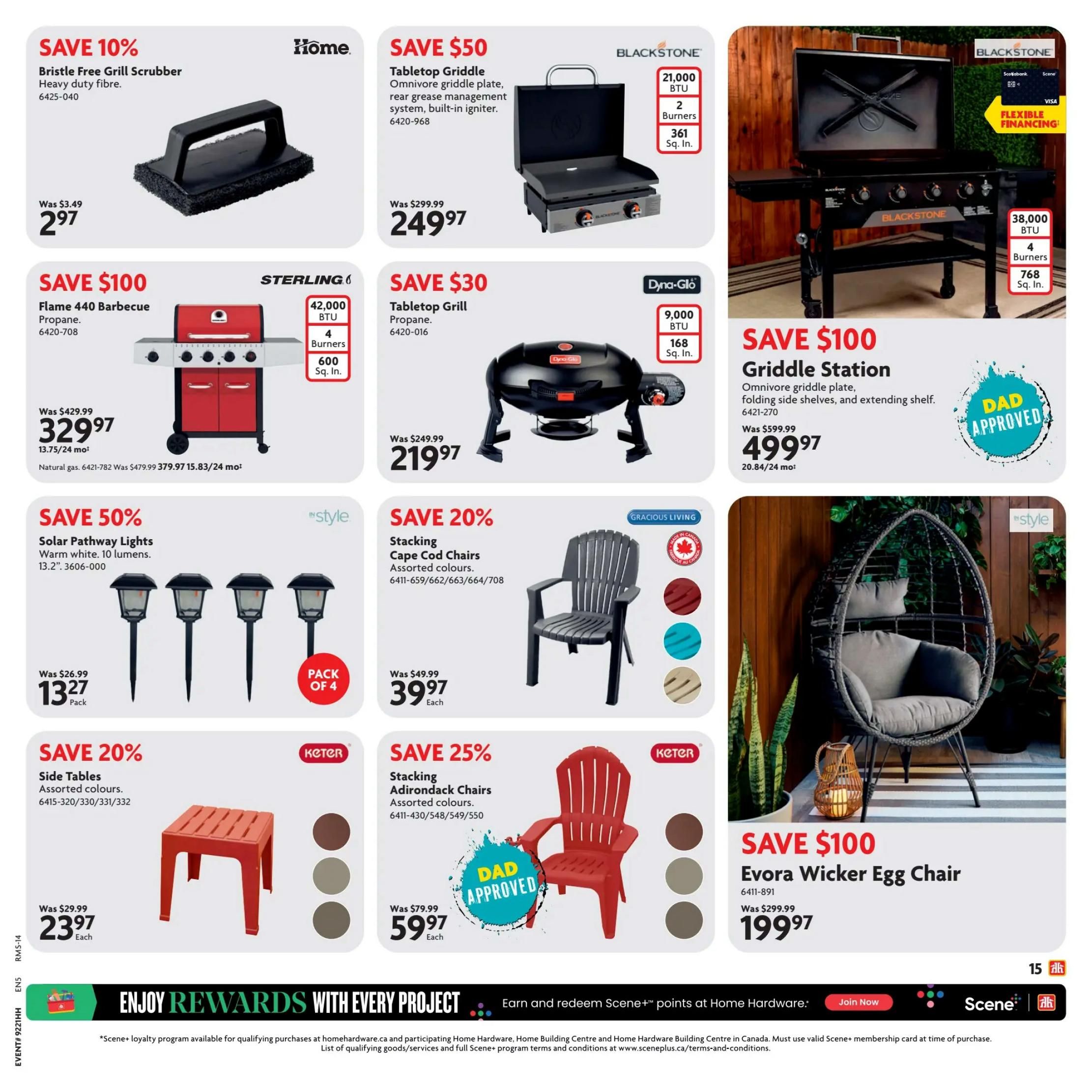 Home Hardware flyer specials page 16 featuring various deals. Save 10% on a Bristle Free Grill Scrubber for $2.97. Save $100 on a Sterling Flame 440 Propane Barbecue, now $329.97. Save $50 on a Blackstone Tabletop Griddle for $249.97. Save $30 on a Dyna-Glo Tabletop Propane Grill for $219.97. Save $100 on a Blackstone Griddle Station for $499.97. Save 50% on Solar Pathway Lights (pack of 4) for $13.27. Save 20% on Gracious Living Stacking Cape Cod Chairs in assorted colours for $39.97 each. Save 20% on Keter Side Tables in assorted colours for $23.97 each. Save 25% on Keter Stacking Adirondack Chairs in assorted colours for $59.97 each, labelled 'Dad Approved'. Save $100 on an Evora Wicker Egg Chair for $199.97. The bottom banner promotes 'Enjoy Rewards With Every Project' and Scene+ points.