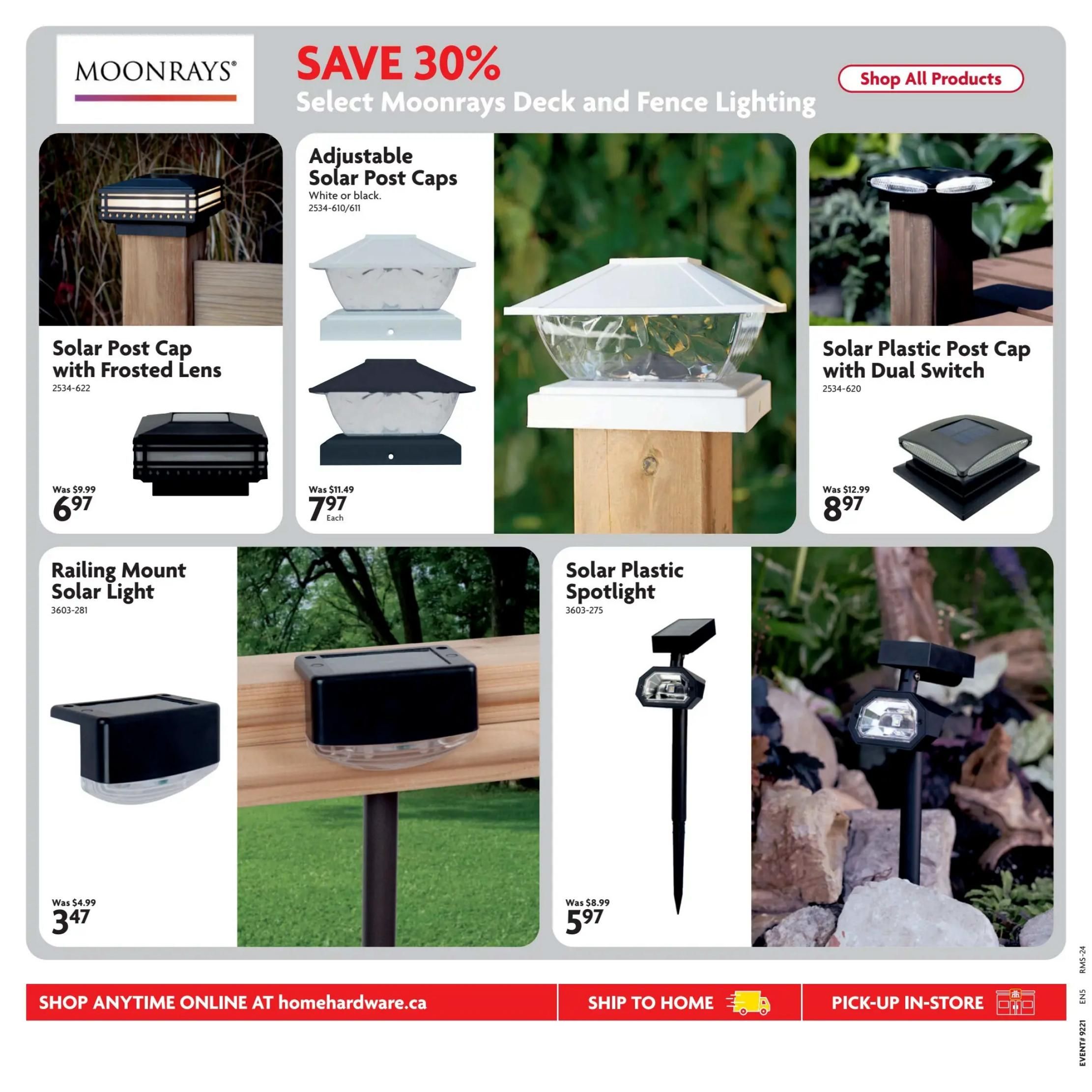 Home Hardware flyer specials page featuring Moonrays deck and fence lighting with a 30% saving. Products include Solar Post Cap with Frosted Lens, originally $9.99, now $6.97. Adjustable Solar Post Caps in white or black, originally $11.49, now $7.97 each. Solar Plastic Post Cap with Dual Switch, originally $12.99, now $8.97. Railing Mount Solar Light, originally $4.99, now $3.47. Solar Plastic Spotlight, originally $8.99, now $5.97. The page also shows options to Shop All Products, shop online at homehardware.ca, ship to home, or pick up in-store.