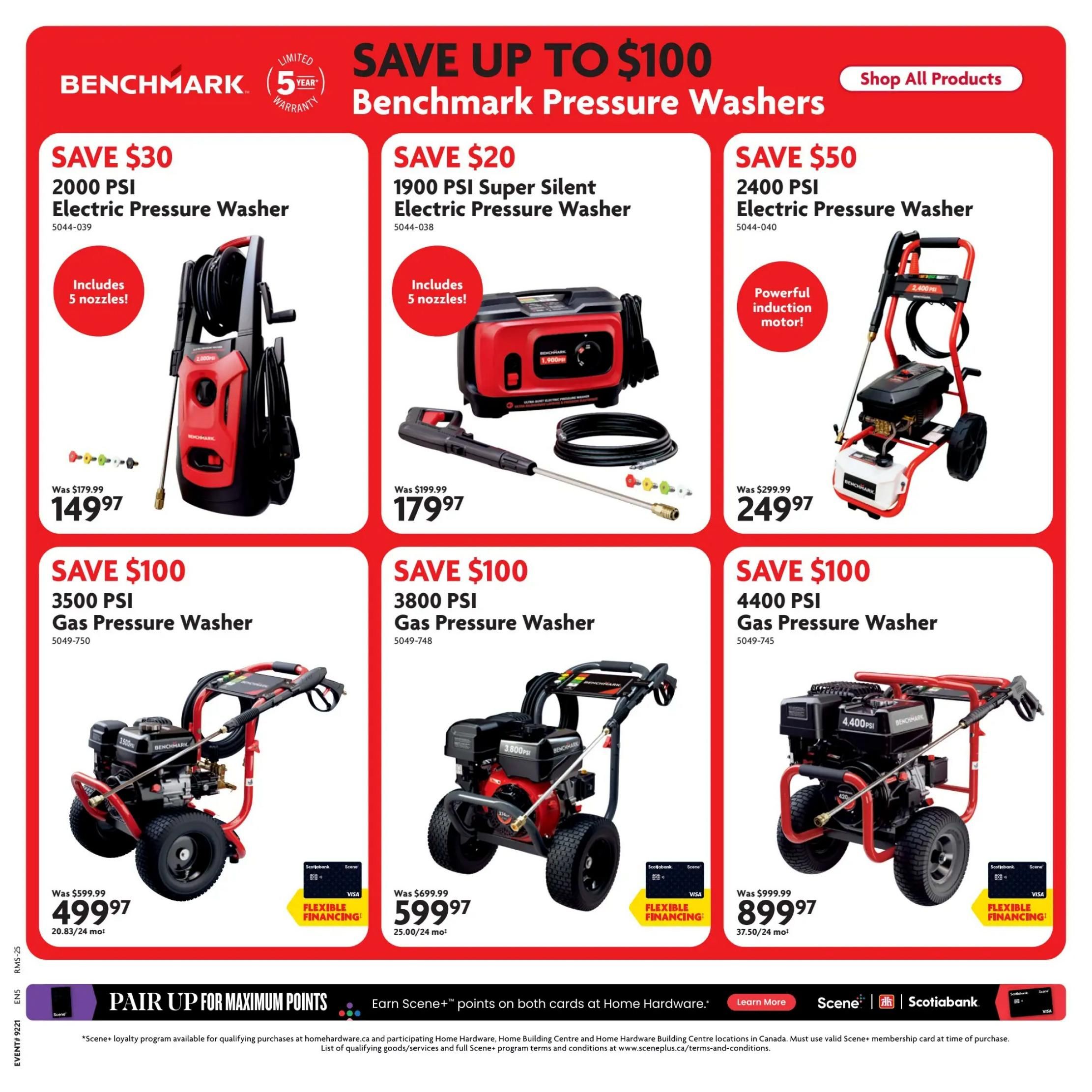 Home Hardware flyer specials page 23 features Benchmark Pressure Washers with savings up to $100. Offers include a 2000 PSI Electric Pressure Washer for $149.97 (save $30), a 1900 PSI Super Silent Electric Pressure Washer for $179.97 (save $20) which includes 5 nozzles, and a 2400 PSI Electric Pressure Washer for $249.97 (save $50) with a powerful induction motor. Also featured are gas pressure washers: a 3500 PSI model for $499.97 (save $100), a 3800 PSI model for $599.97 (save $100), and a 4400 PSI model for $899.97 (save $100). Flexible financing options are available for select models. The bottom banner promotes earning Scene+ points on both cards at Home Hardware.