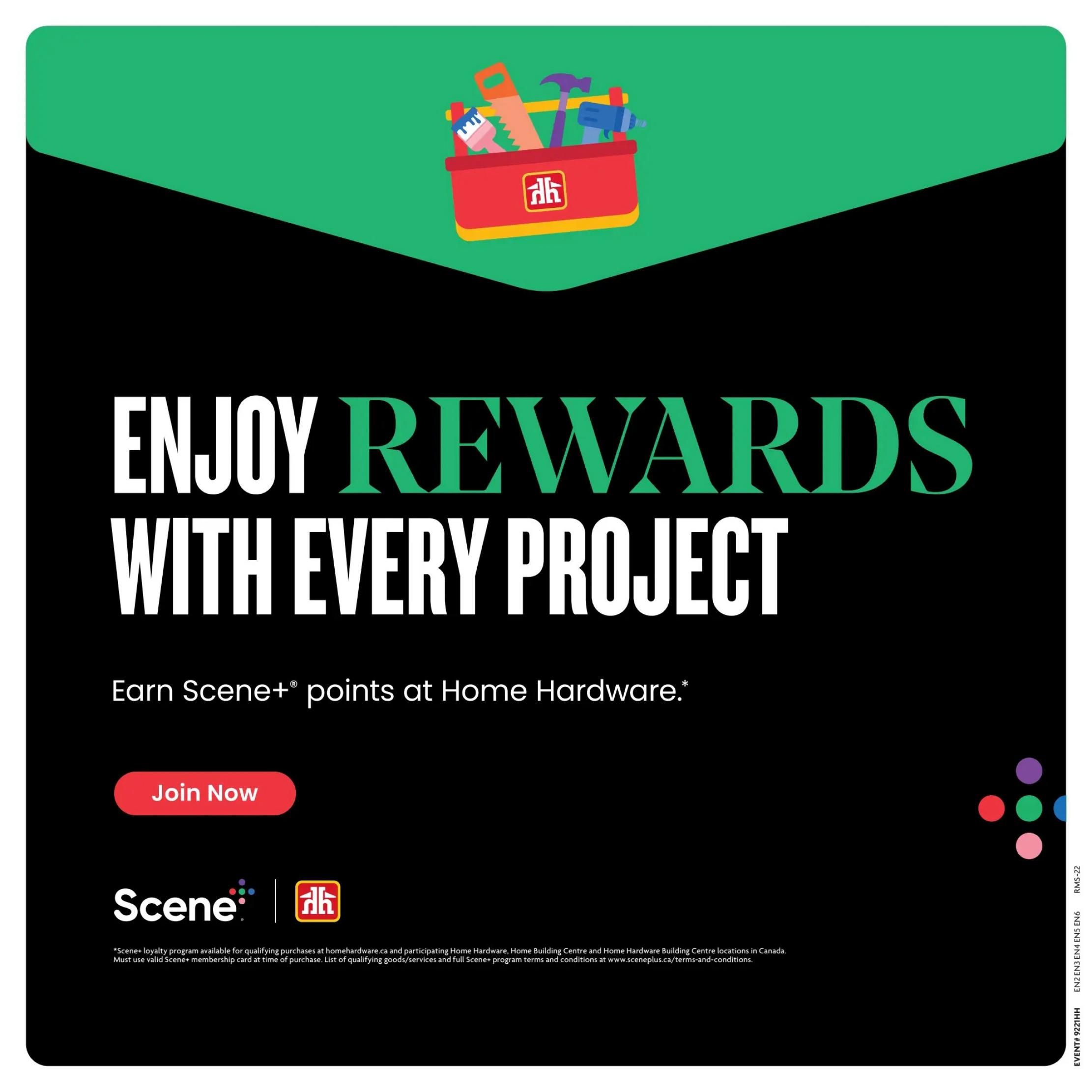 Home Hardware flyer page 28: Enjoy rewards with every project. Earn Scene+ points at Home Hardware. Features a red toolbox graphic with tools like a saw, hammer, and drill. Includes a 'Join Now' button and the Scene+ and Home Hardware logos. Small print details Scene+ loyalty program availability and terms and conditions.