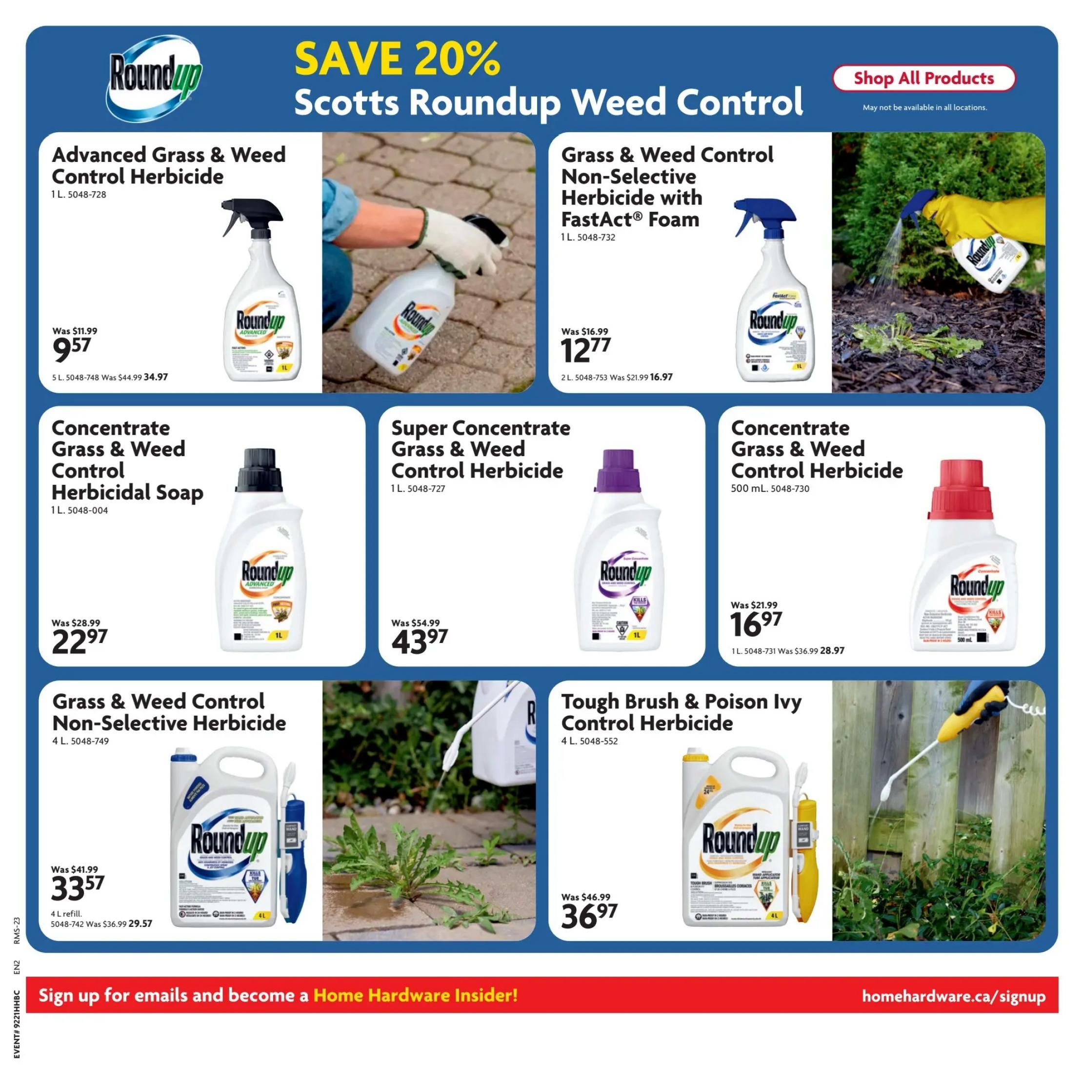 Home Hardware flyer page 21 featuring Scotts Roundup Weed Control products with savings up to 20%. Products include Advanced Grass & Weed Control Herbicide 1L for $9.57 (was $11.99), Grass & Weed Control Non-Selective Herbicide with FastAct Foam 1L for $12.77 (was $16.99), Concentrate Grass & Weed Control Herbicidal Soap 1L for $22.97 (was $28.99), Super Concentrate Grass & Weed Control Herbicide 1L for $43.97 (was $54.99), Concentrate Grass & Weed Control Herbicide 500 mL for $16.97 (was $21.99), Grass & Weed Control Non-Selective Herbicide 4L refill for $33.57 (was $41.99), and Tough Brush & Poison Ivy Control Herbicide 4L for $36.97 (was $46.99). The page also includes a call to action to sign up for emails to become a Home Hardware Insider at homehardware.ca/signup.
