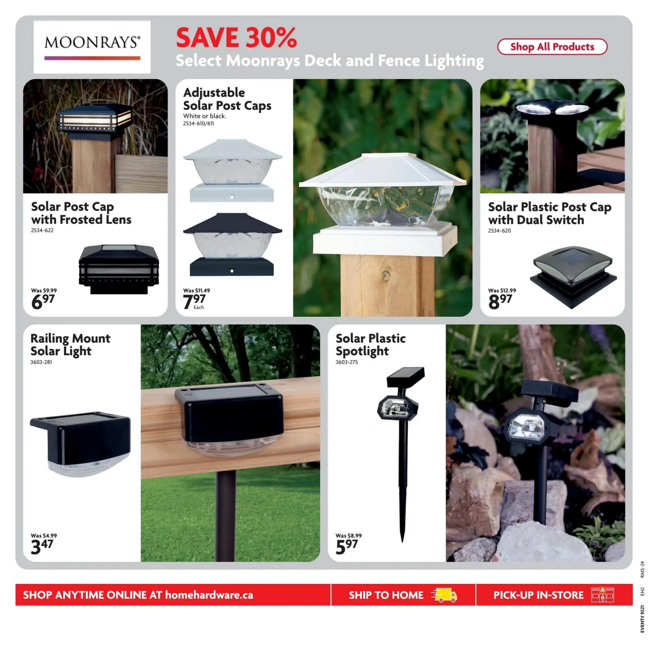 Home Hardware flyer page 22 featuring Moonrays deck and fence lighting with savings up to 30%. Products include Solar Post Cap with Frosted Lens, originally $9.99, now $6.97. Adjustable Solar Post Caps are available in white or black for $7.97, down from $11.49. Solar Plastic Post Cap with Dual Switch is on sale for $8.97, reduced from $12.99. Also featured are the Railing Mount Solar Light for $3.47, a savings from $4.99, and the Solar Plastic Spotlight for $5.97, originally $8.99. Shop online at homehardware.ca, ship to home, or pick up in-store.