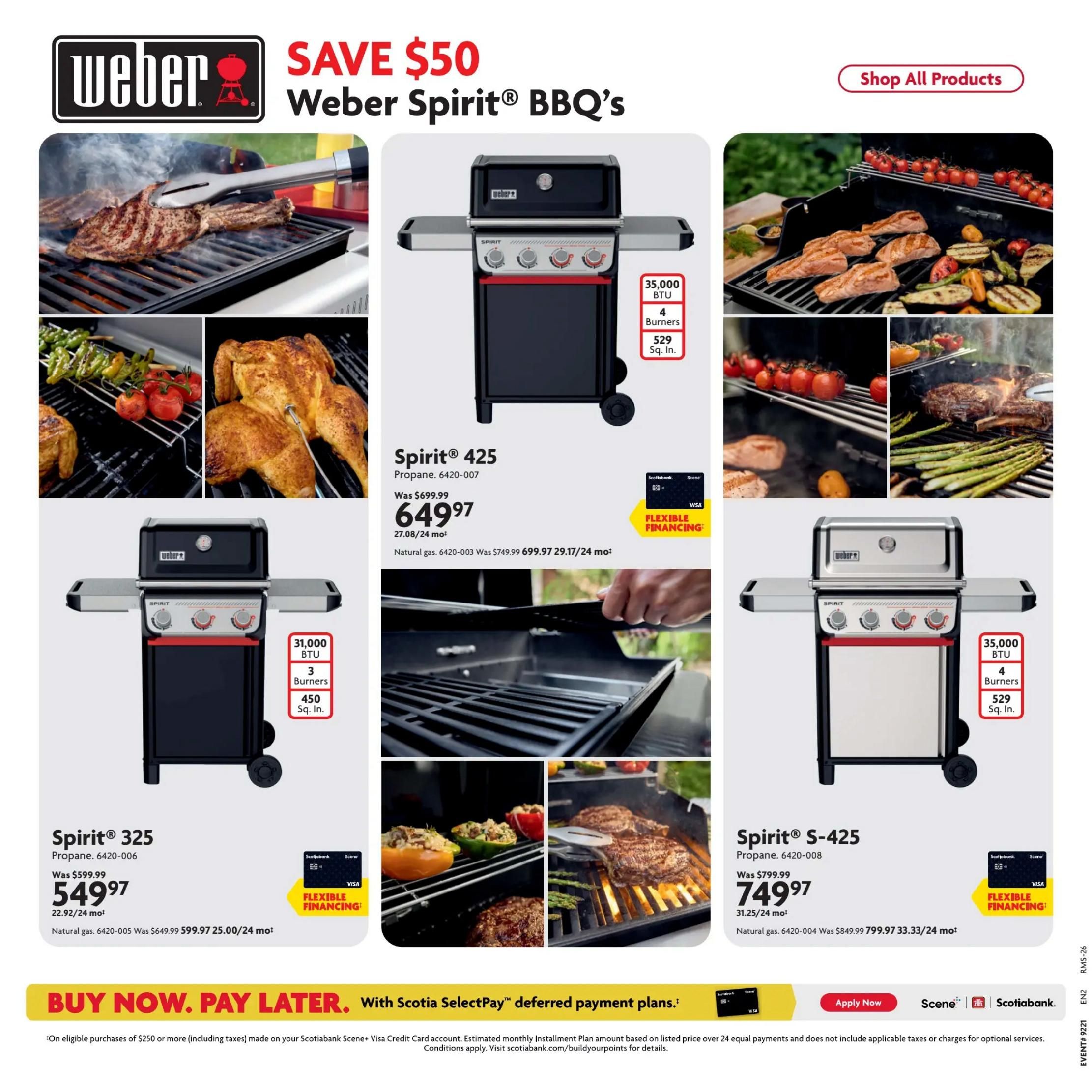 Home Hardware flyer specials page 24 features Weber Spirit BBQs with a save $50 offer. The Weber Spirit 425 propane grill, model 6420-007, is priced at $649.97, down from $699.99, with flexible financing available. It has 35,000 BTU, 4 burners, and 529 sq. in. cooking space. The Weber Spirit 325 propane grill, model 6420-006, is on sale for $549.97, originally $599.99, with flexible financing. It features 31,000 BTU, 3 burners, and 450 sq. in. cooking space. The Weber Spirit S-425 propane grill, model 6420-008, is available for $749.97, reduced from $799.99, with flexible financing options. It also offers 35,000 BTU, 4 burners, and 529 sq. in. cooking space. The page also highlights a 'Buy Now. Pay Later.' offer with Scotia SelectPay deferred payment plans for eligible purchases of $250 or more. Images showcase various foods being grilled, including steaks, chicken, salmon, vegetables, and stuffed peppers.