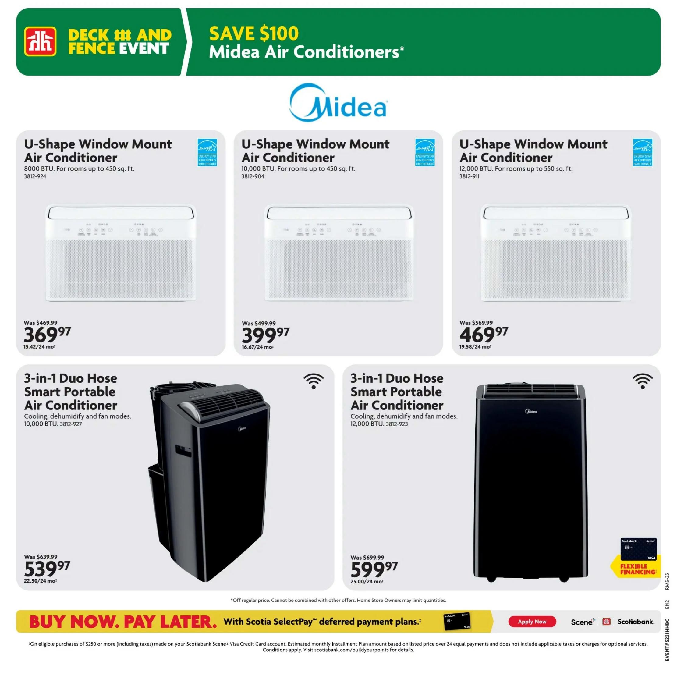 Home Hardware Atlantic flyer specials page 26 features Midea air conditioners. Save $100 on Midea Air Conditioners. Three U-Shape Window Mount Air Conditioners are displayed: one 8000 BTU for rooms up to 450 sq. ft. (model 3812-924) on sale for $369.97 (was $469.99), one 10,000 BTU for rooms up to 450 sq. ft. (model 3812-904) on sale for $399.97 (was $499.99), and one 12,000 BTU for rooms up to 550 sq. ft. (model 3812-911) on sale for $469.97 (was $569.99). Also featured are two 3-in-1 Duo Hose Smart Portable Air Conditioners with cooling, dehumidify, and fan modes: one 10,000 BTU (model 3812-927) for $539.97 (was $639.99) and one 12,000 BTU (model 3812-923) for $599.97 (was $699.99). All prices are available with 24 monthly payments. A banner at the bottom promotes 'BUY NOW. PAY LATER. With Scotia SelectPay™ deferred payment plans.' with options to apply now.